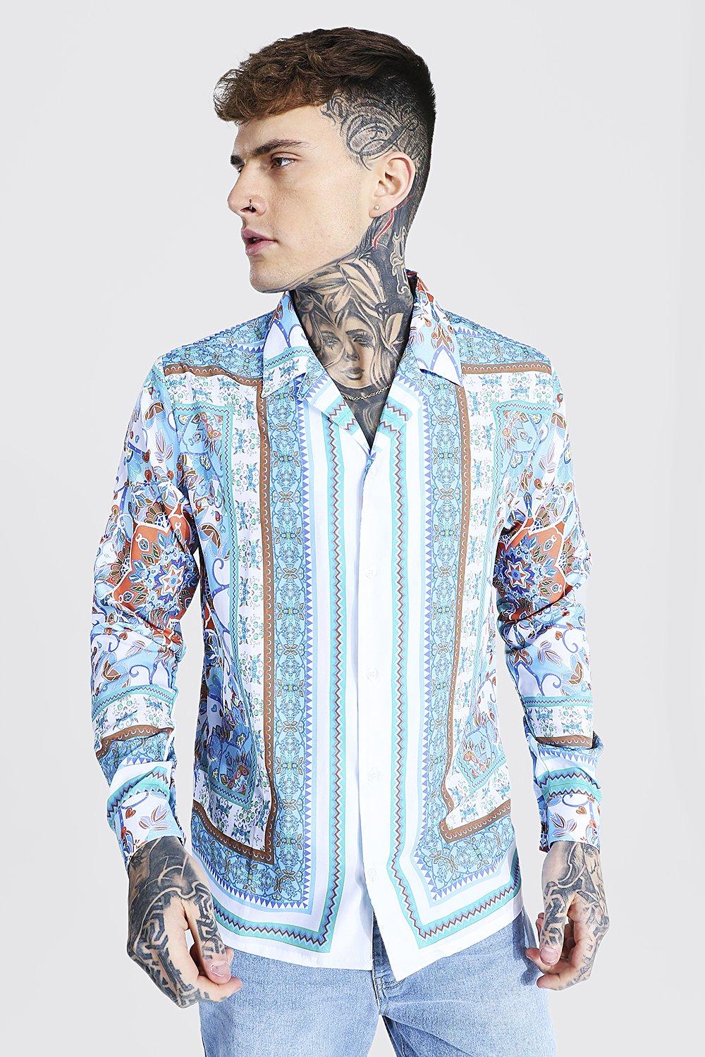Recycle Mediator to withdraw Long Sleeve Revere Baroque Border Shirt | boohooMAN USA