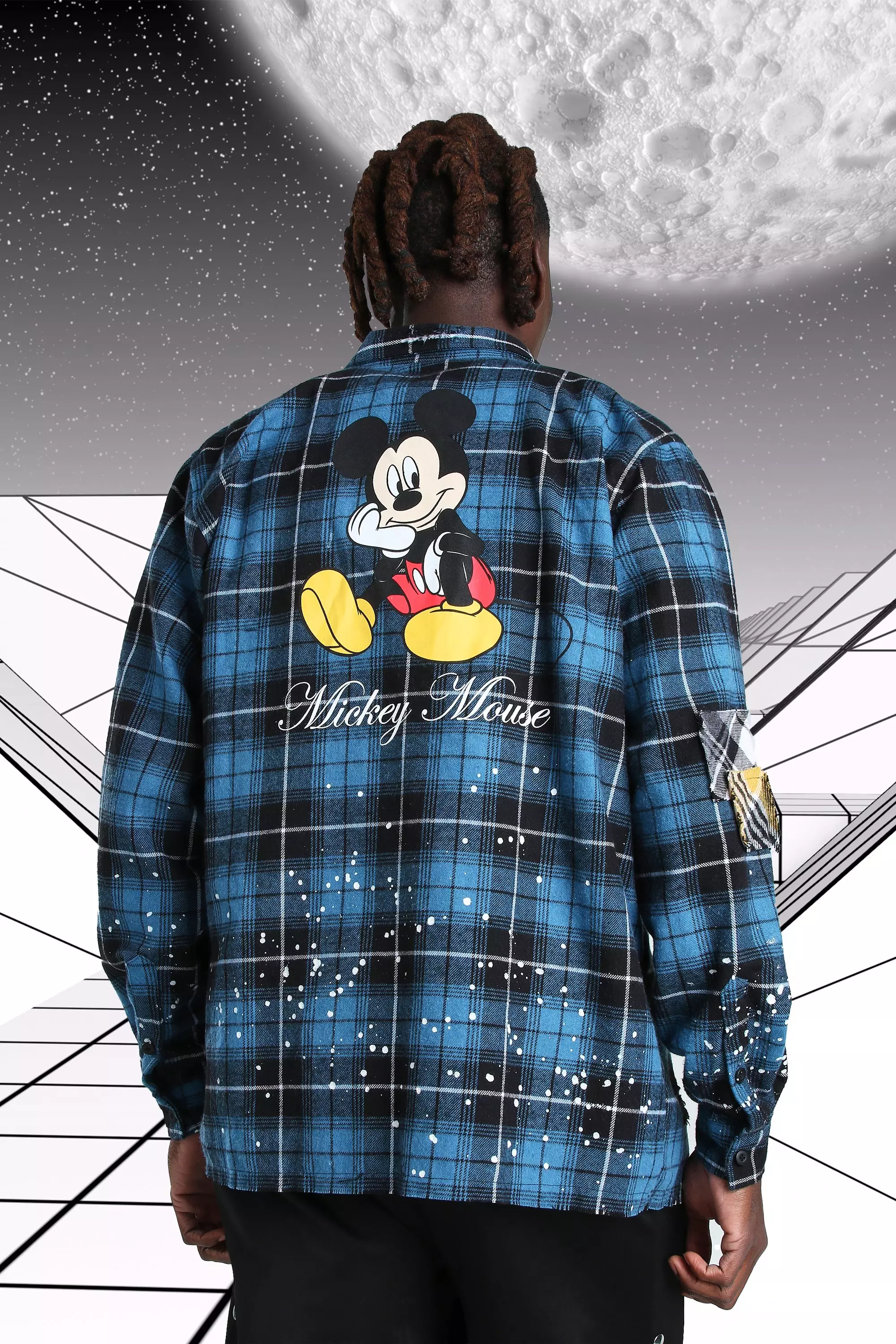 Oversized Disney Mickey Paint Splatter Flannel Shirt Teal