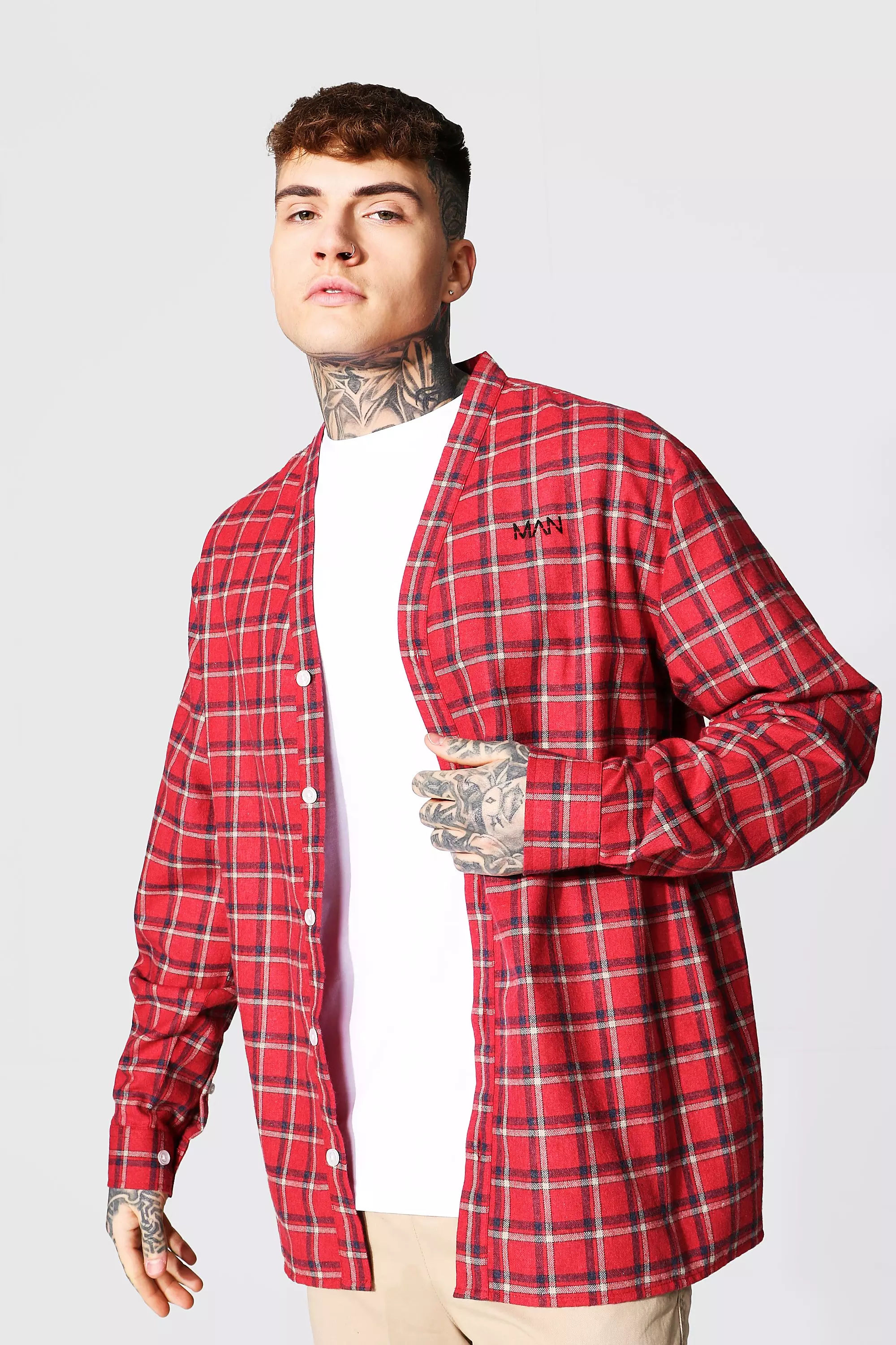 Red Oversized Man Embroidered Check Shirt alternative image