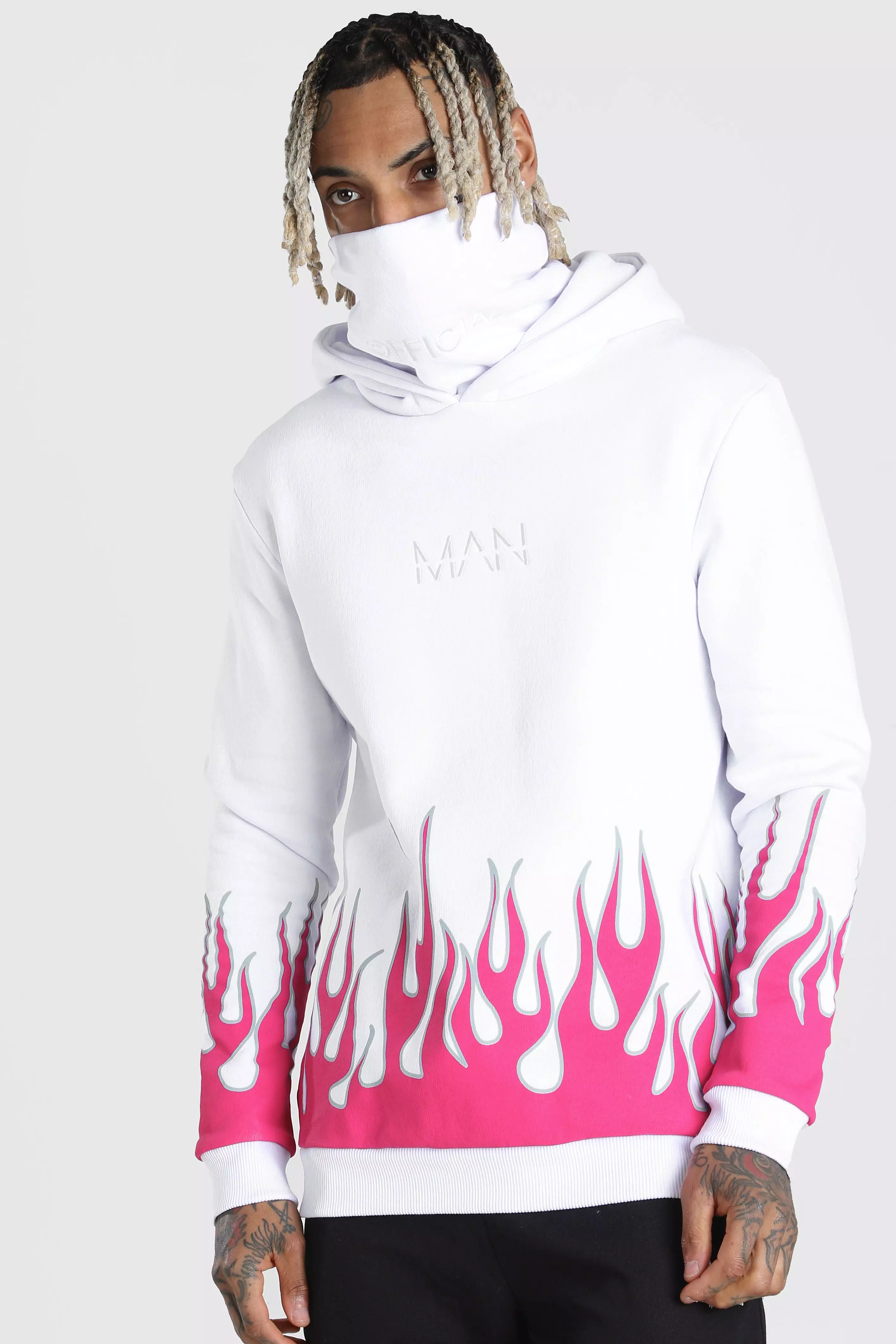 MAN Official Flame Print Snood Hoodie boohooMAN