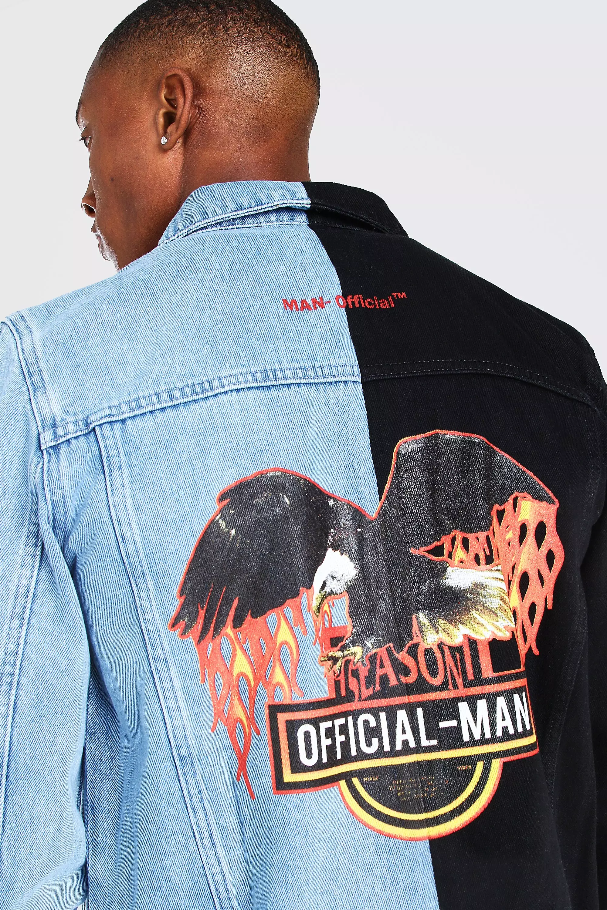 Black denim jacket with back print best sale