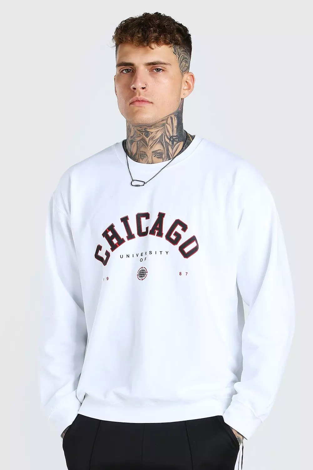 Oversized Chicago Print Sweatshirt boohooMAN UK