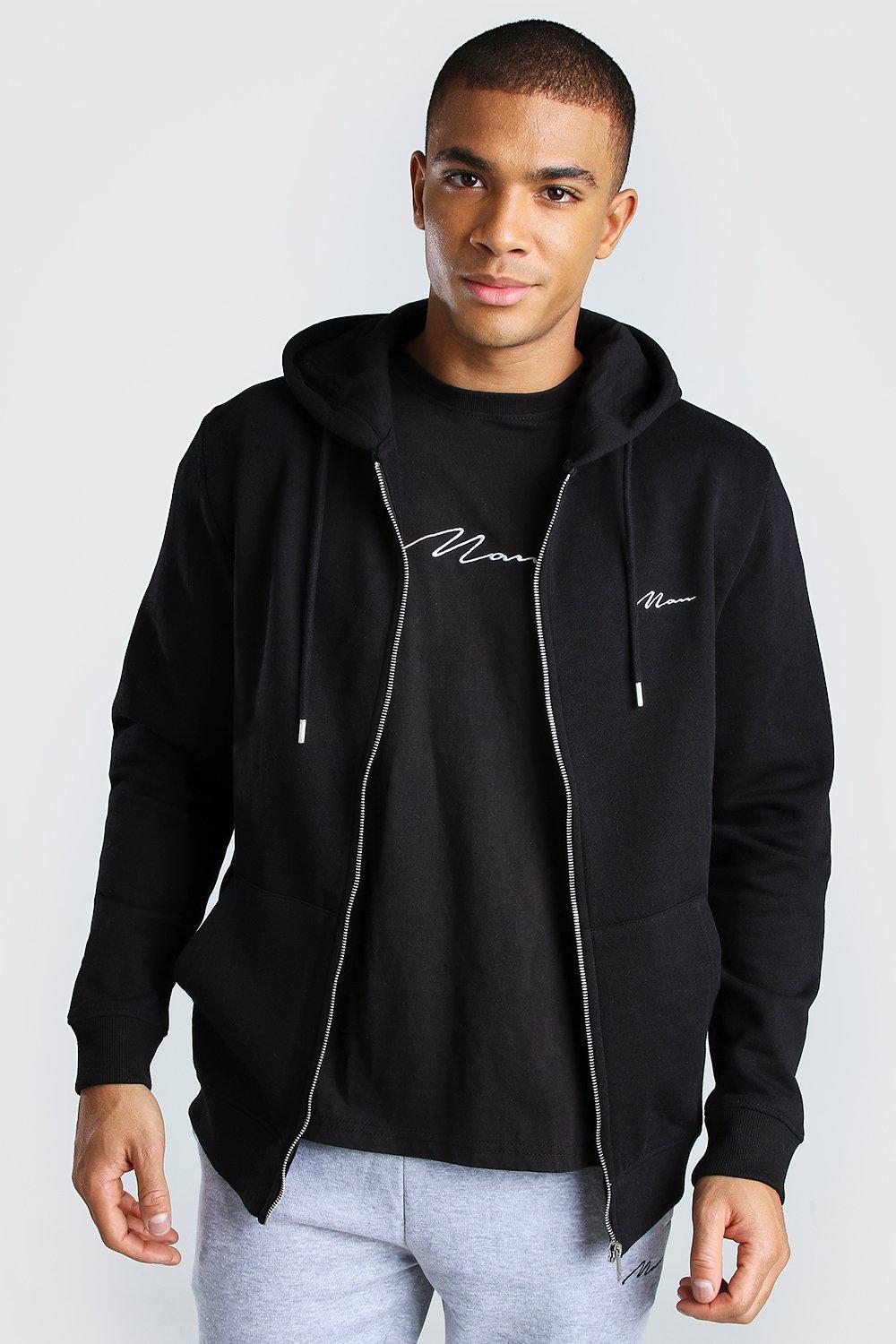 MAN Signature Zip Through Fleece Hoodie | boohooMAN UK