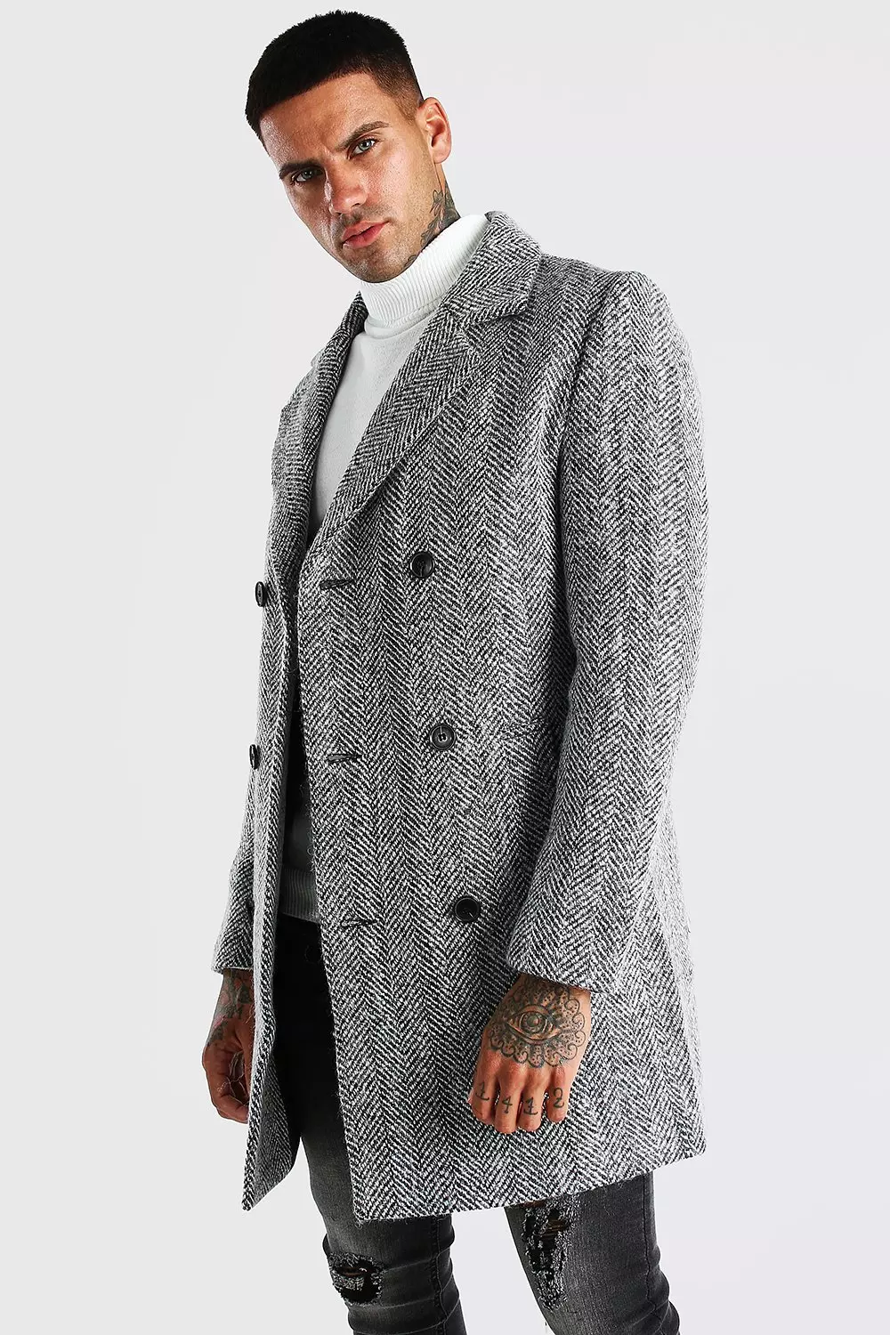 Boohooman wool blend double breasted overcoat in grey on sale