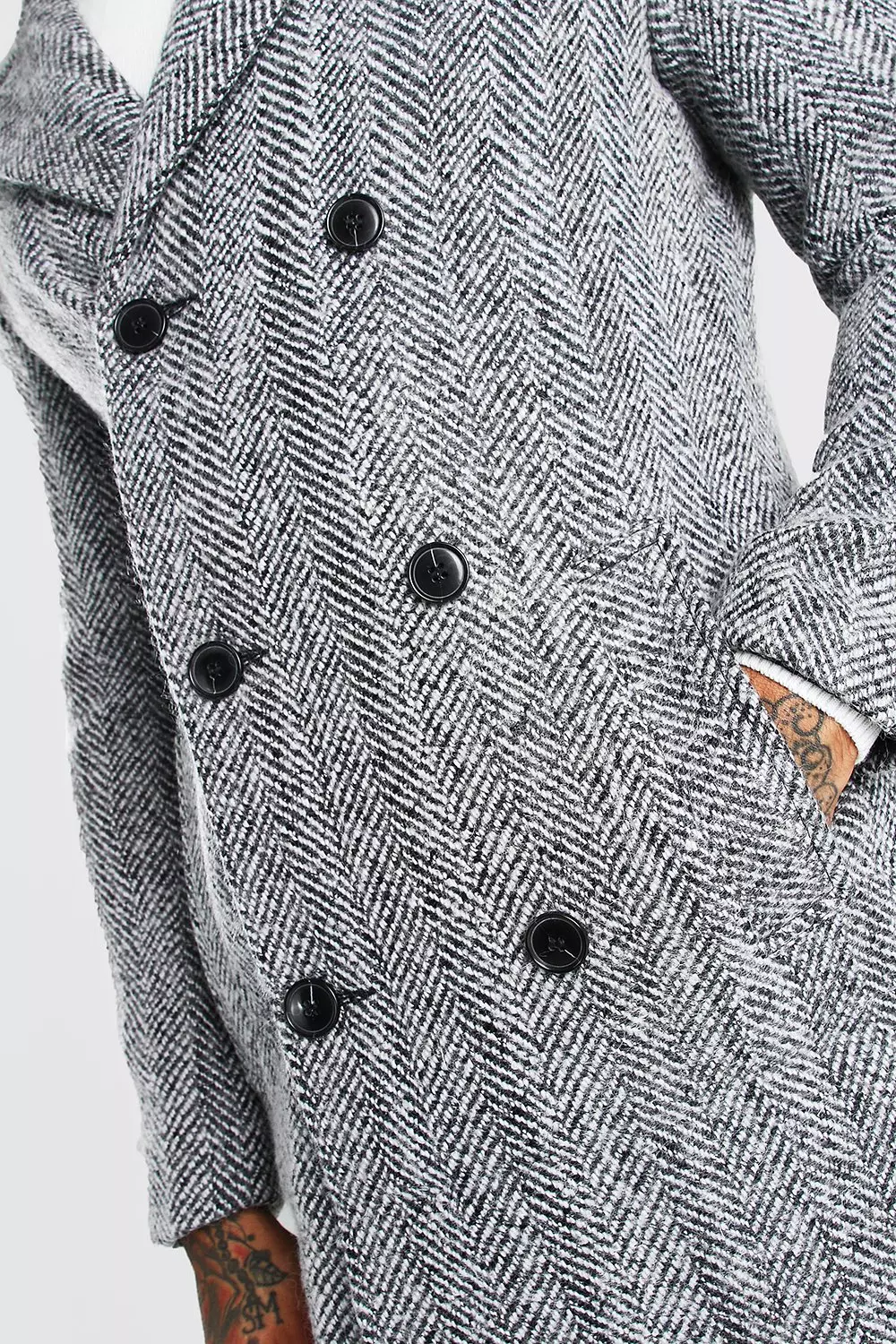 Boohooman wool blend double breasted overcoat in grey on sale