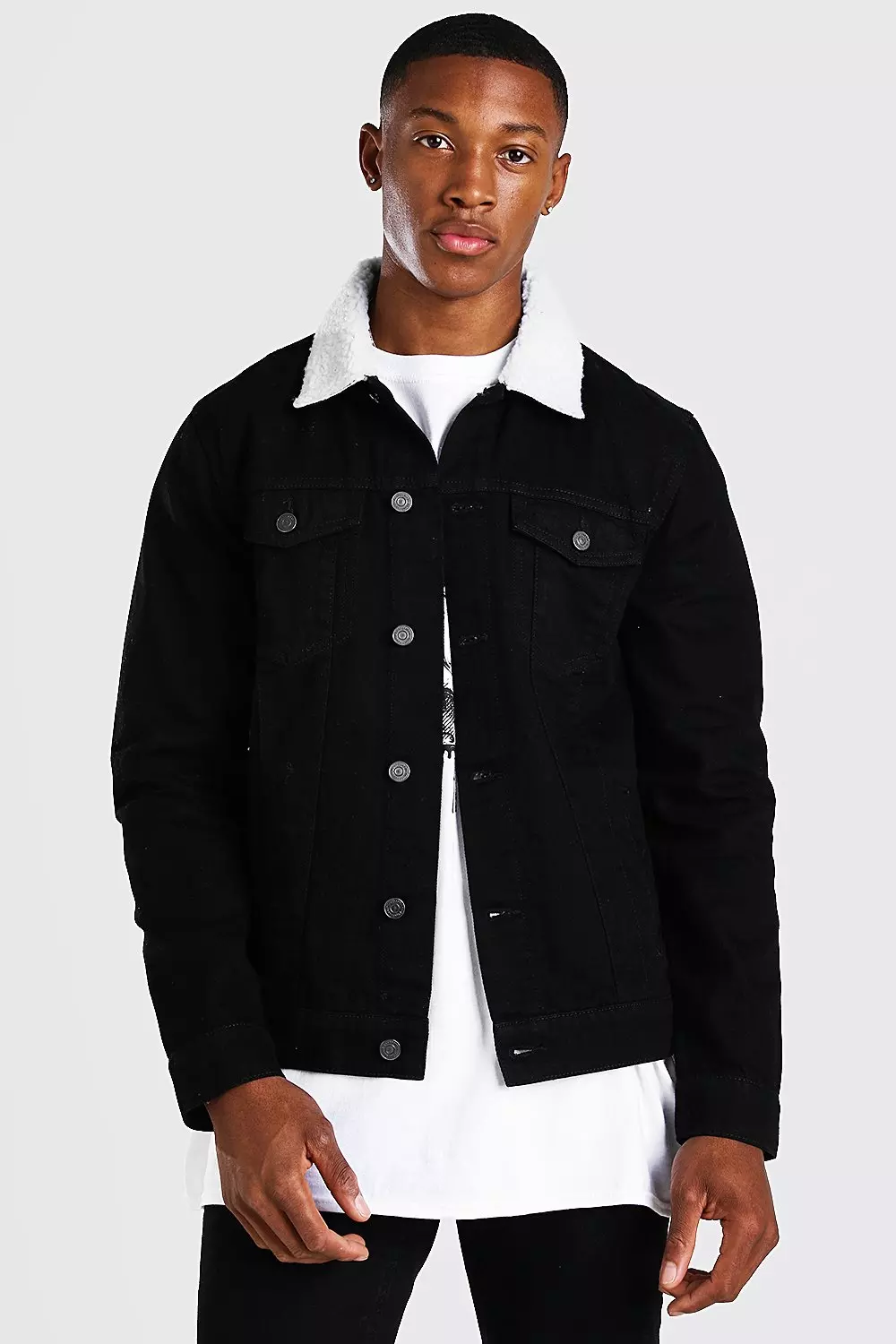 Black fluffy denim jacket hotsell