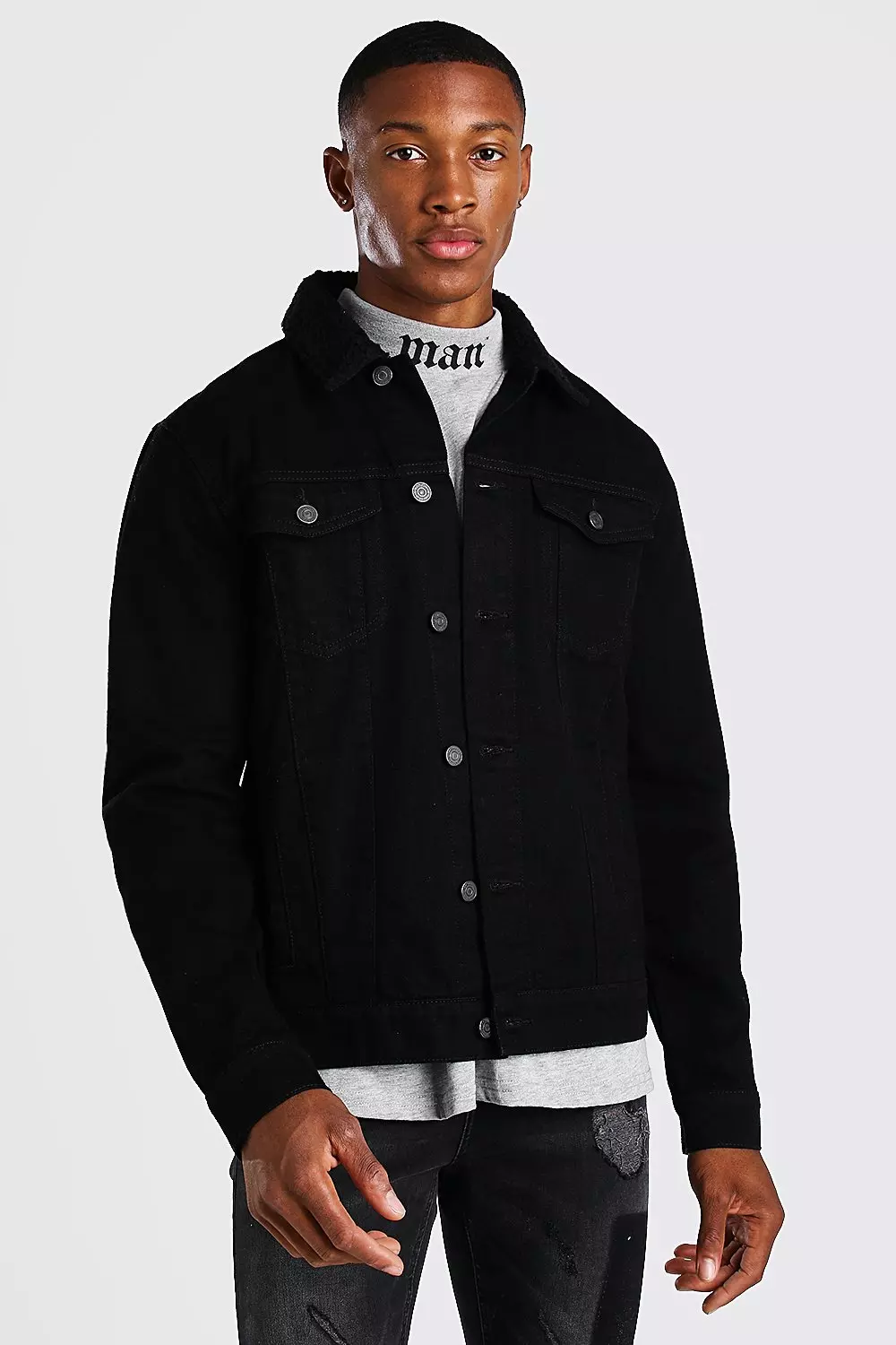 Regular Denim Jacket With Black Borg Collar boohooMAN AU