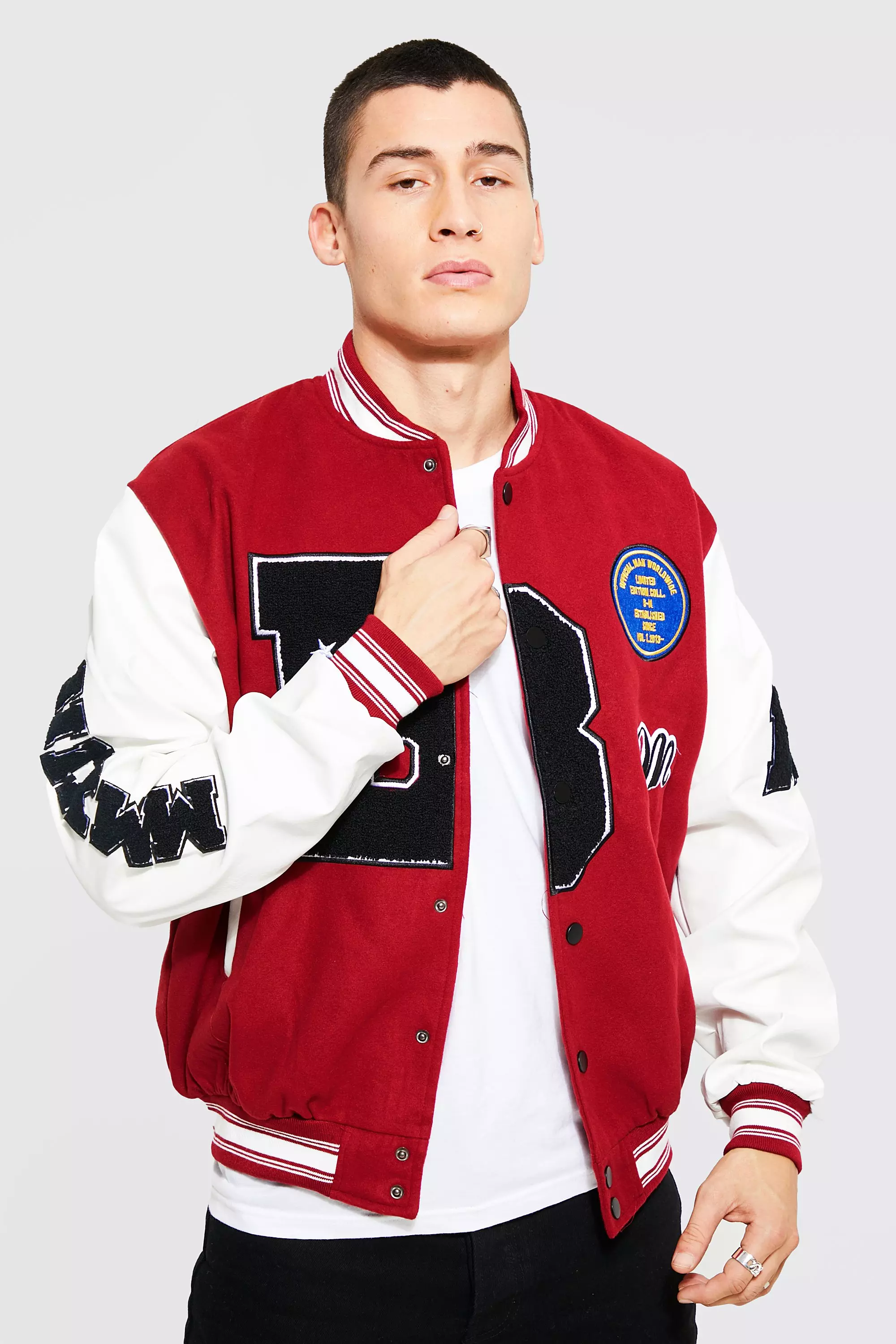 Red B Varsity Patch Bomber With Leather Look Sleeves alternative image
