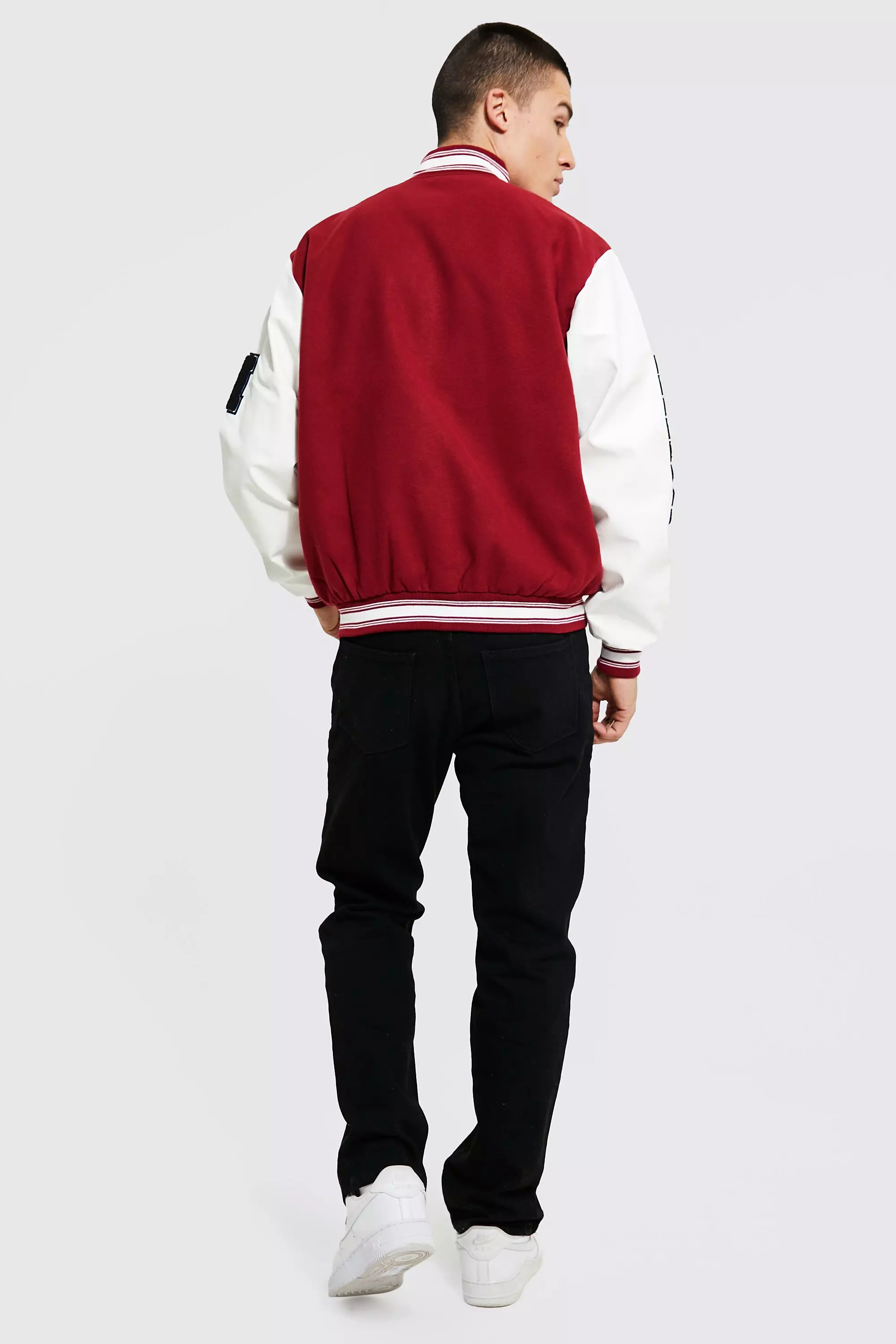 B Varsity Patch Bomber With Leather Look Sleeves boohooMAN IE