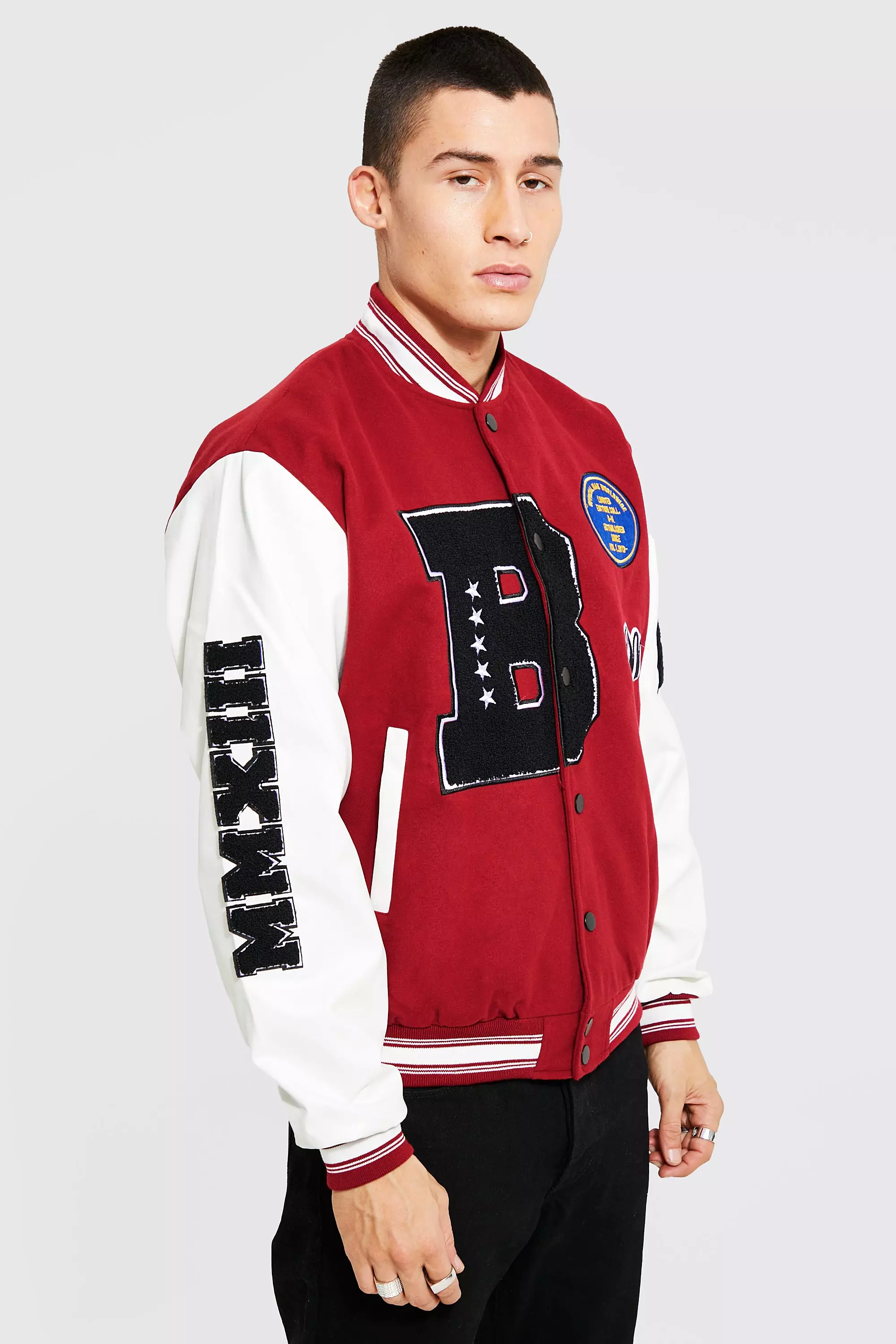 M varsity patch bomber with leather look sleeves sale