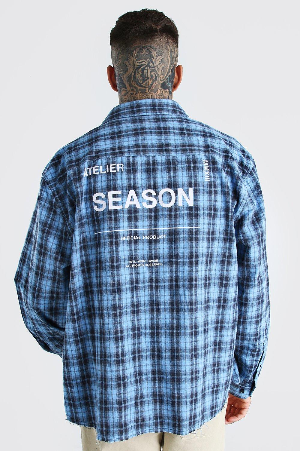 Oversized Flannel Shirt With Back Print And Raw Hem Boohooman