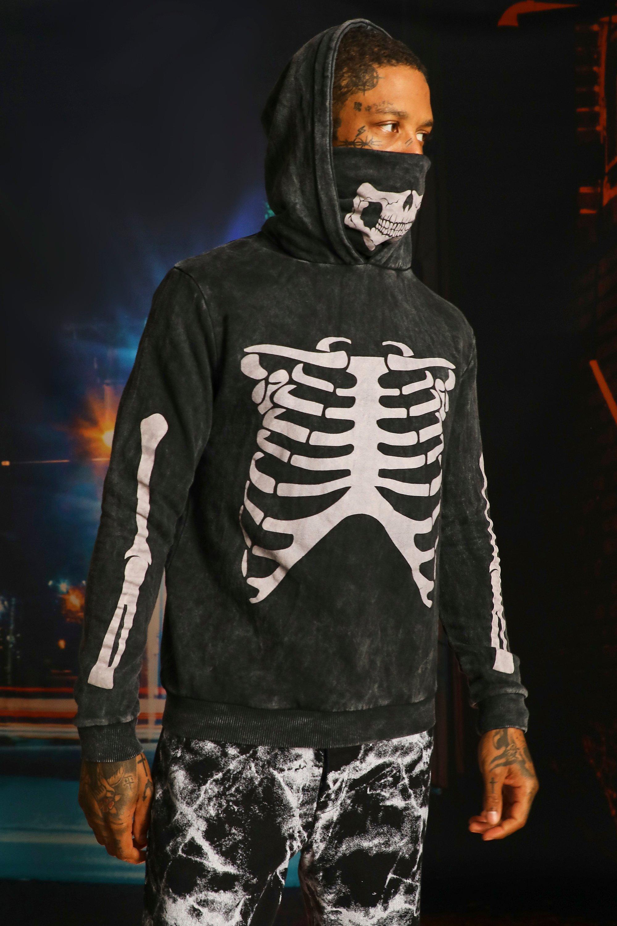 Acid Wash Glow In The Dark Skeleton Snood Hoodie | boohooMAN UK