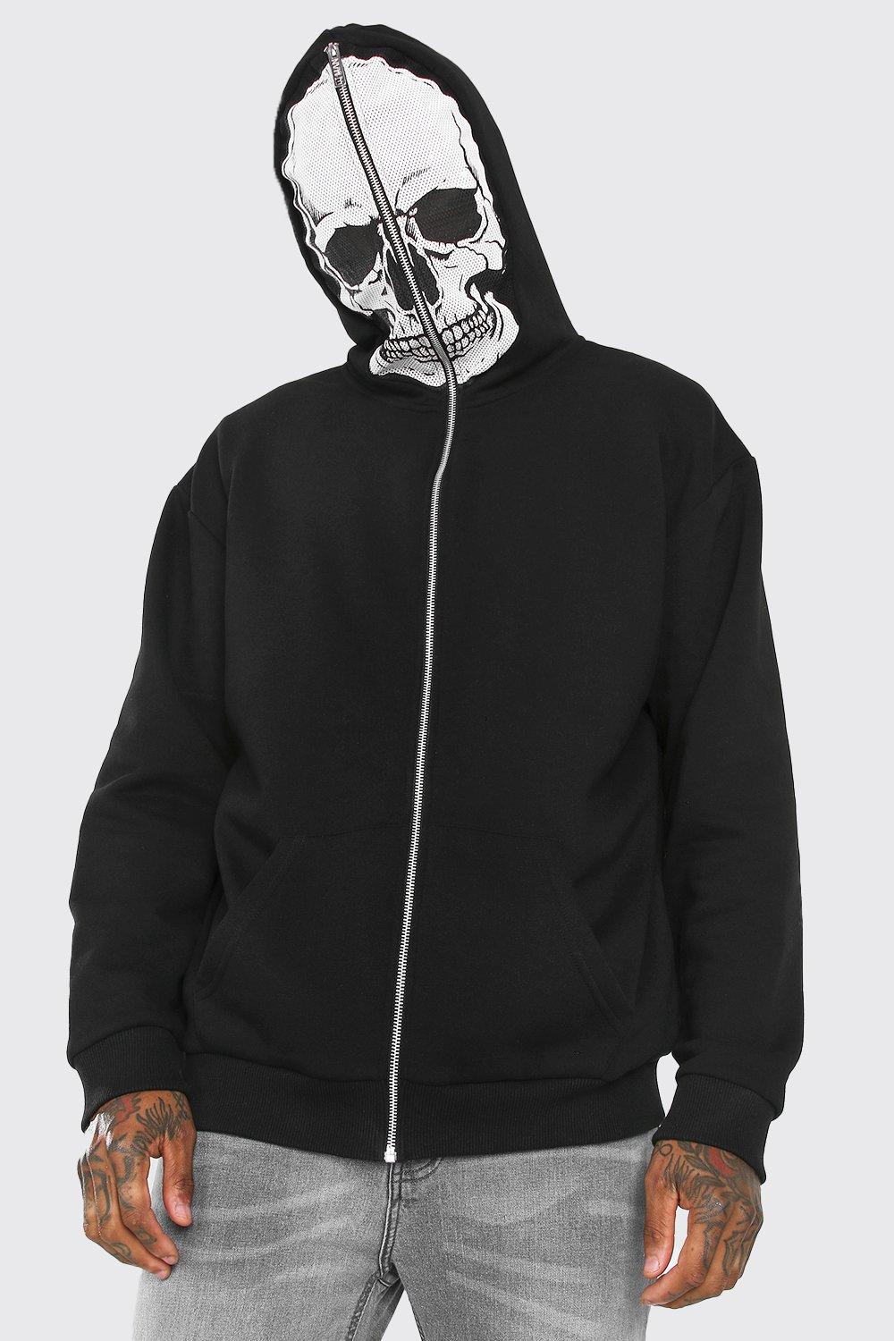 Oversized Skull Zip Through Hoodie With Mesh Face boohooMAN UK