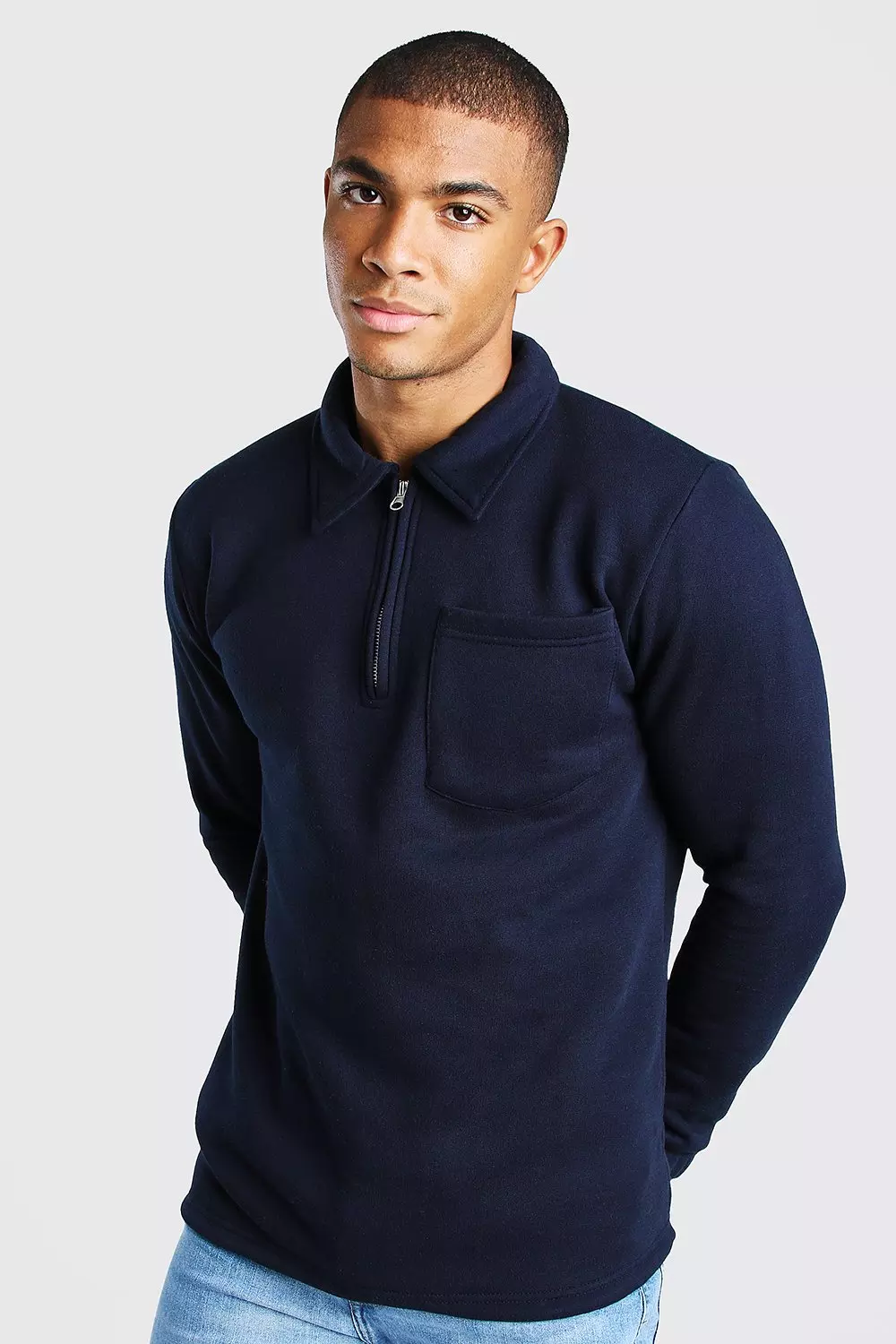 1 4 Zip Collared Sweater boohooMAN UK