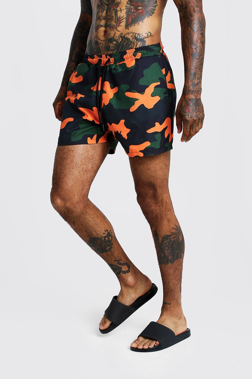 Orange Camo Print Swim Shorts | boohooMAN