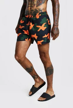 Khaki Orange Camo Print Swim Shorts