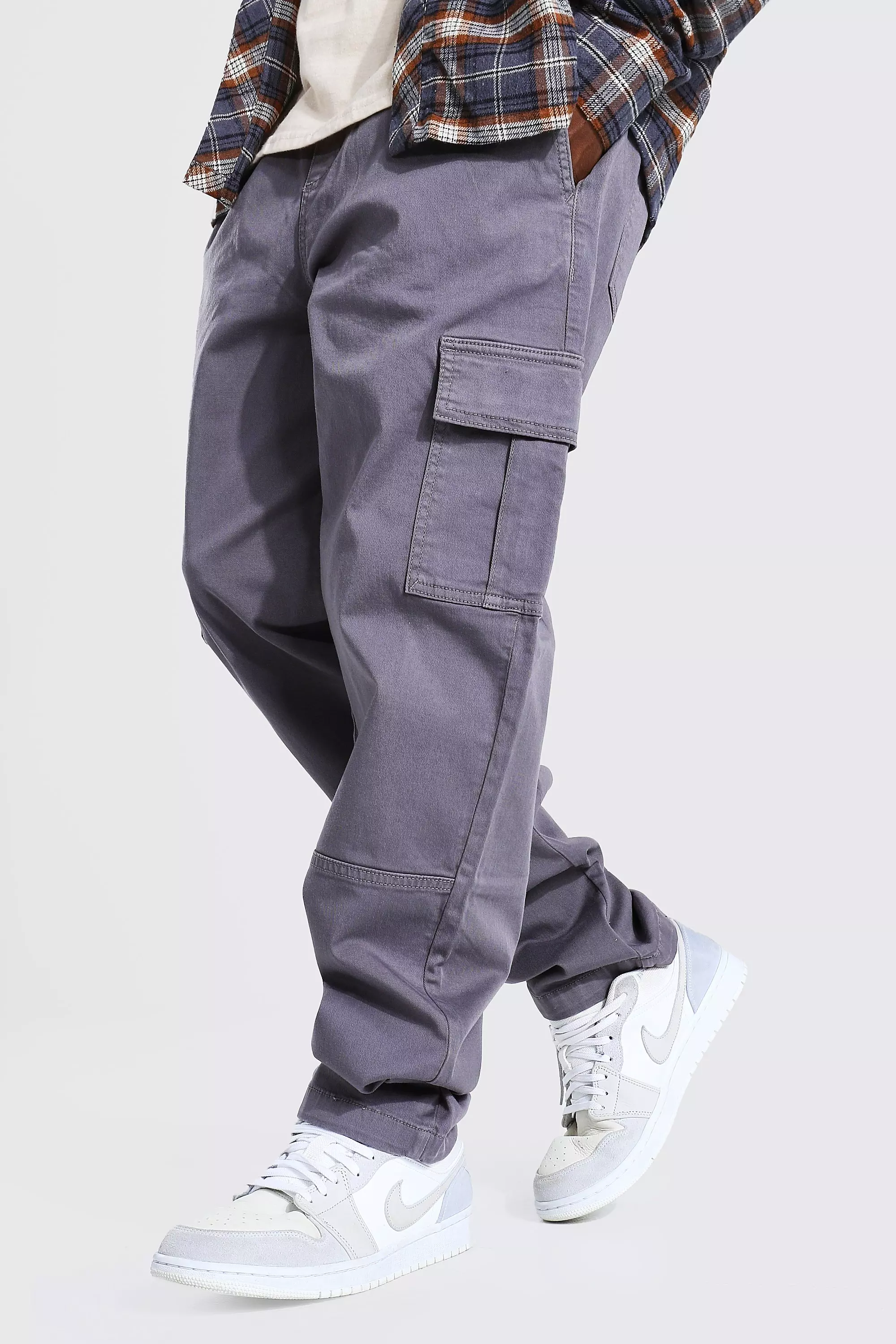 Charcoal Grey Elastic Waist Straight Leg Twill Cargo Pants
