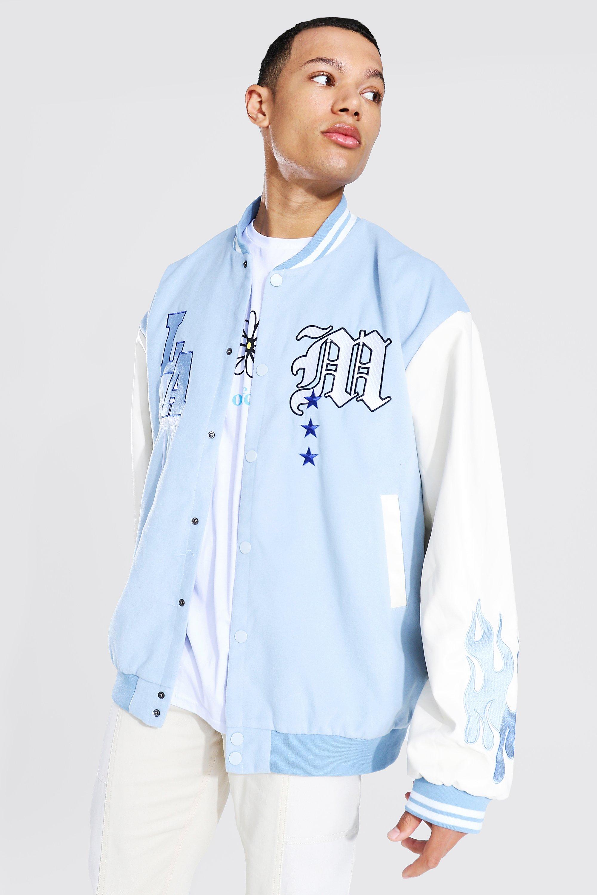 boohooMAN Mens Oversized Varsity Bomber Jacket - Blue