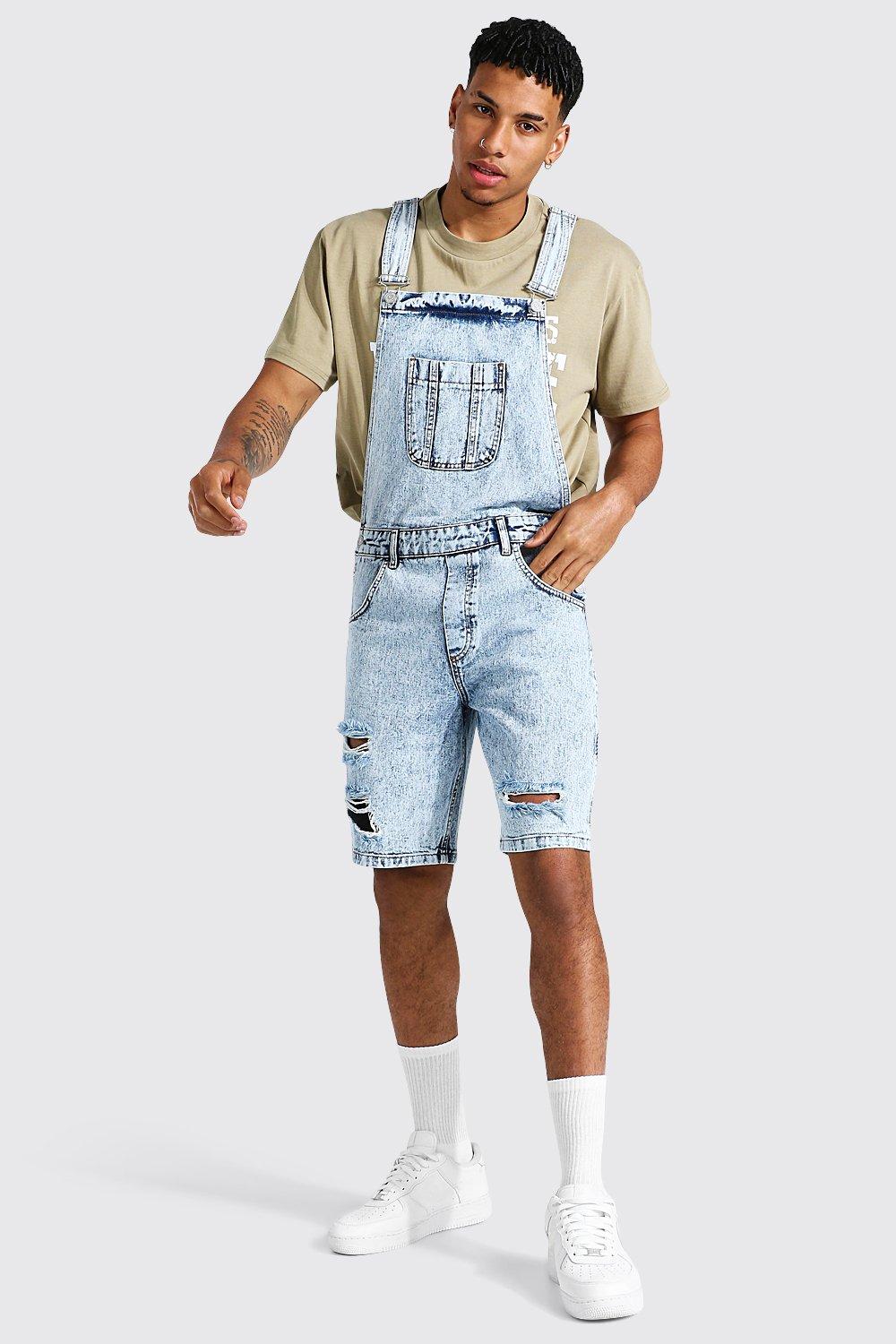 Relaxed Fit Distressed Short Overalls