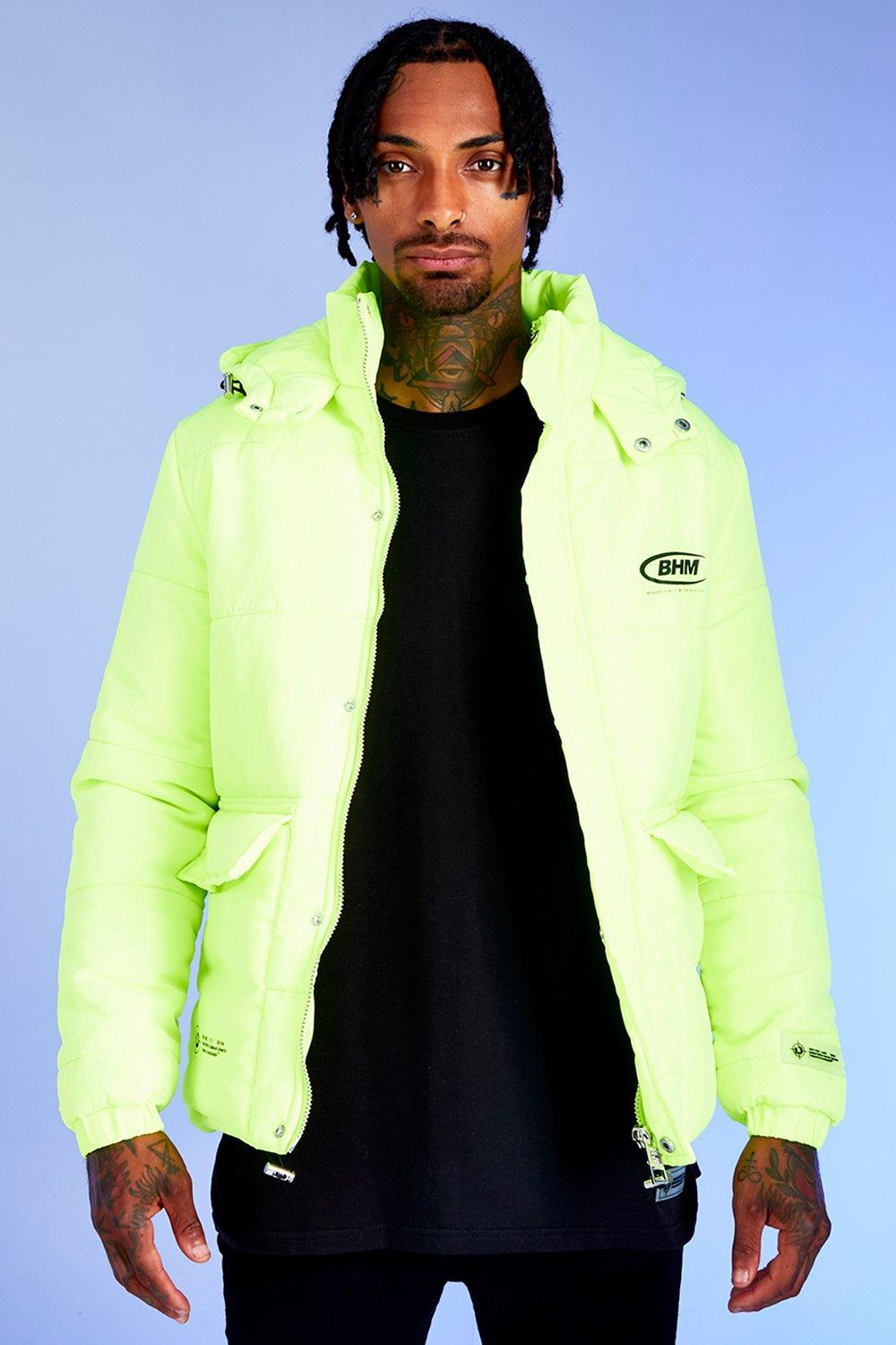 neon green puffer coat