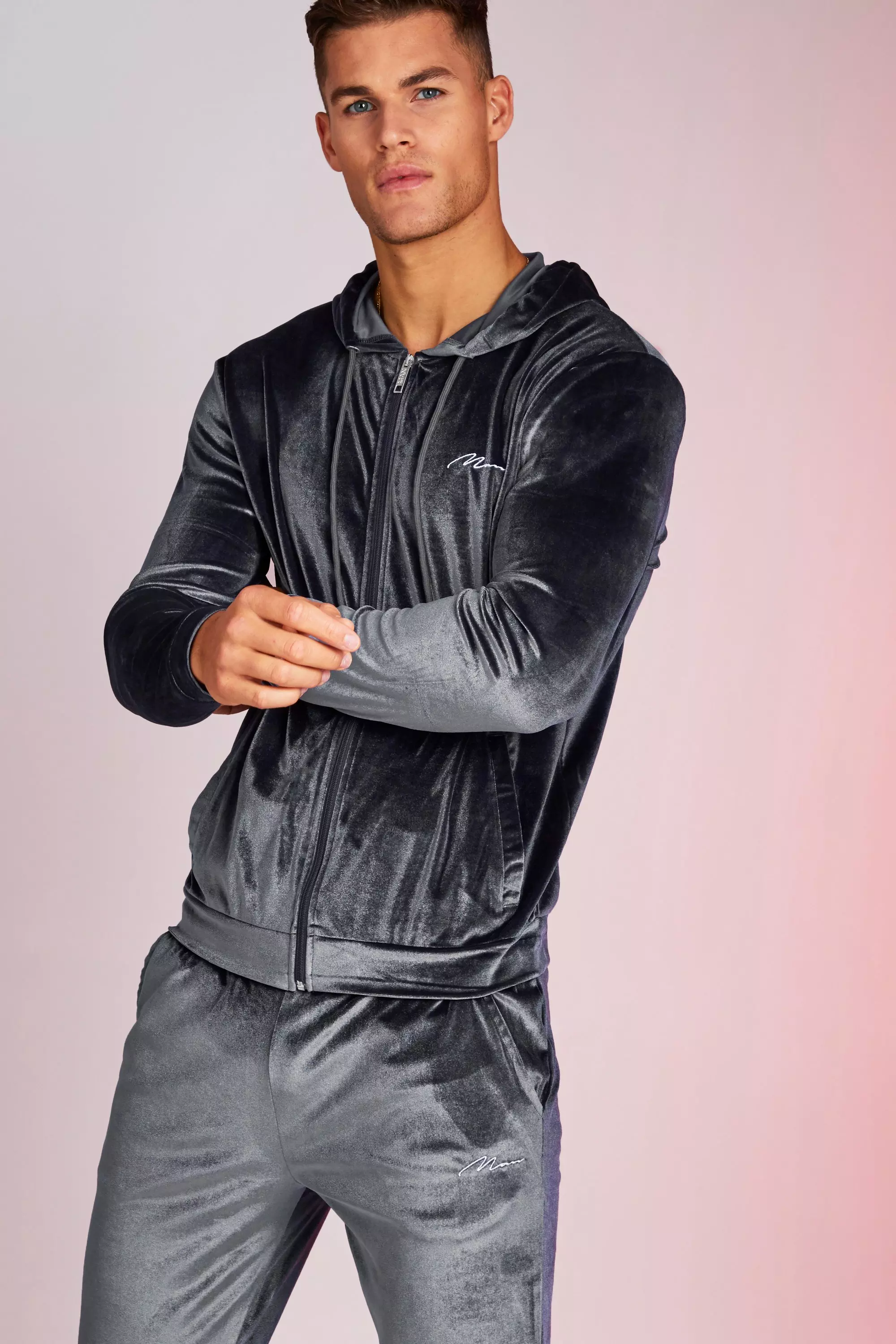 Man Signature Shiny Velour Hooded Tracksuit boohooMAN