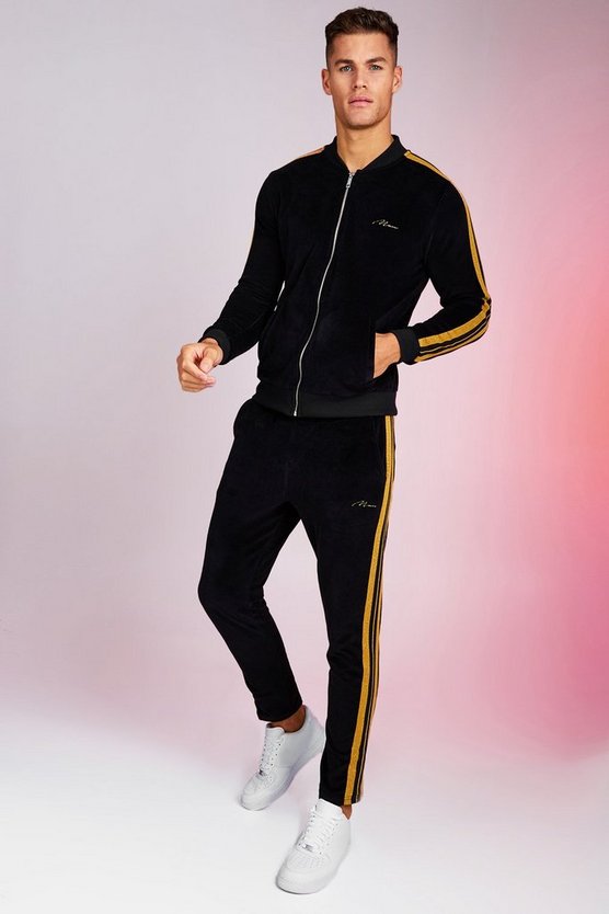 MAN Velour Bomber Tracksuit With Gold Tape - boohooMAN