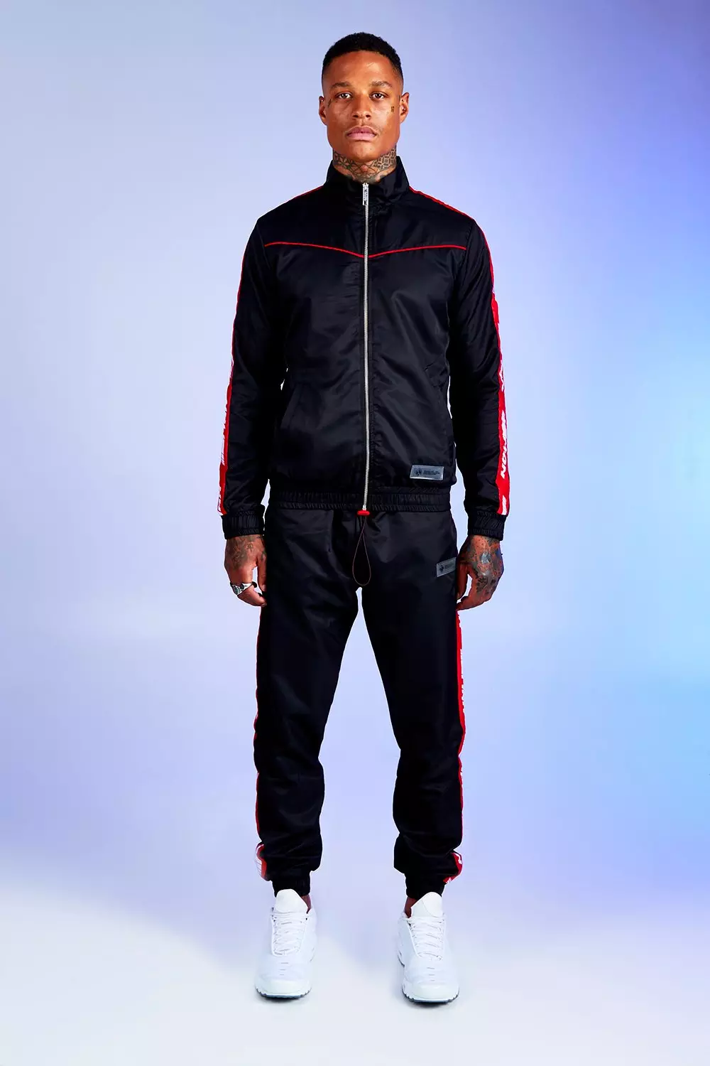 Deno Driz Shell Tracksuit With Red MAN Tape boohooMAN IE