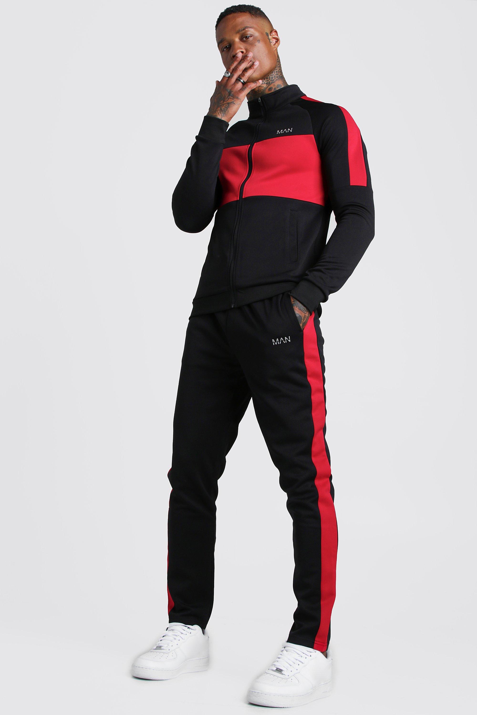 MAN Red Colour Block Poly Tracksuit boohooMAN USA