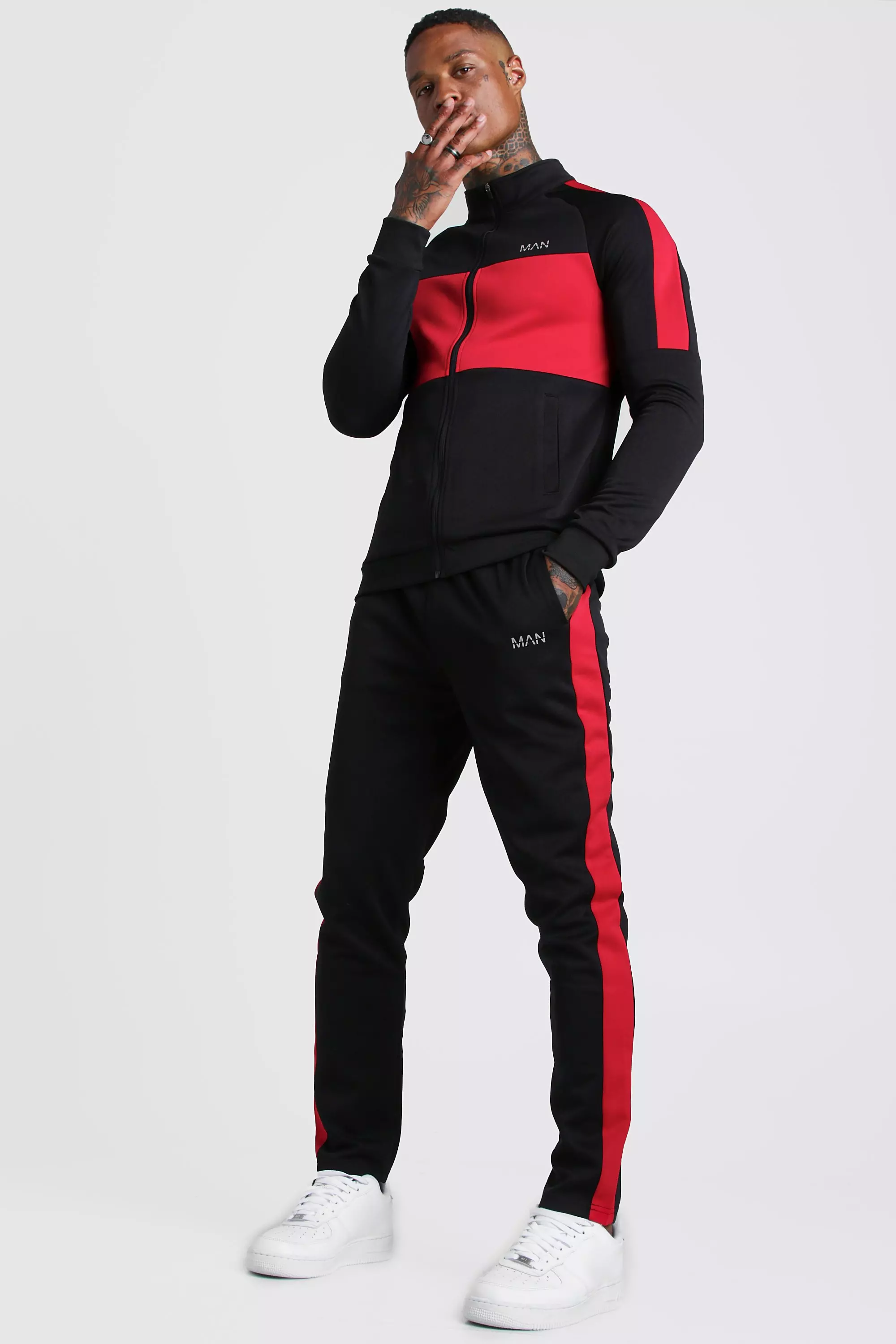 Black MAN Red Colour Block Poly Tracksuit alternative image