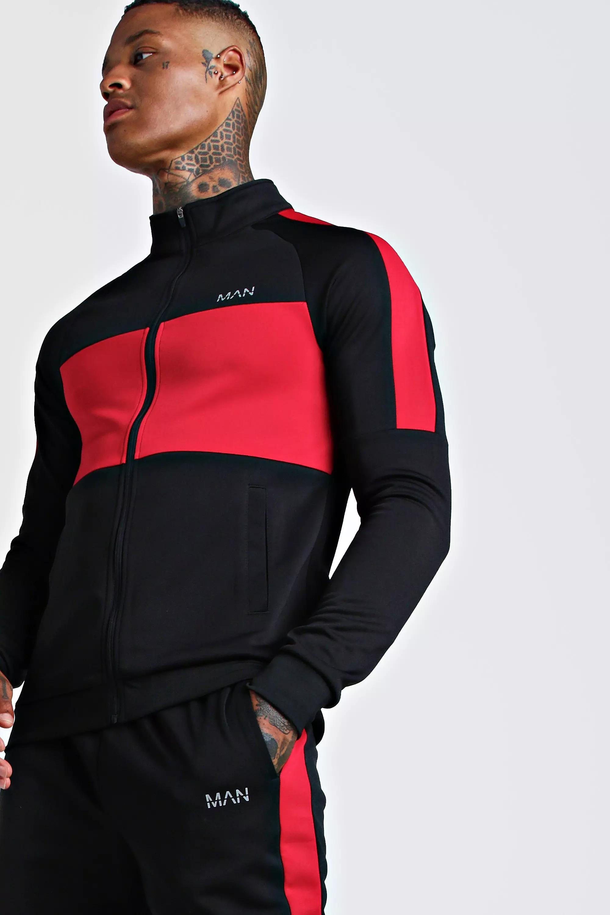 Black MAN Red Colour Block Poly Tracksuit alternative image