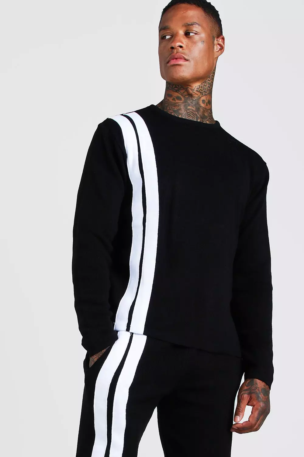 Regular Knitted Jumper Jogger Stripe Set boohooMAN IE