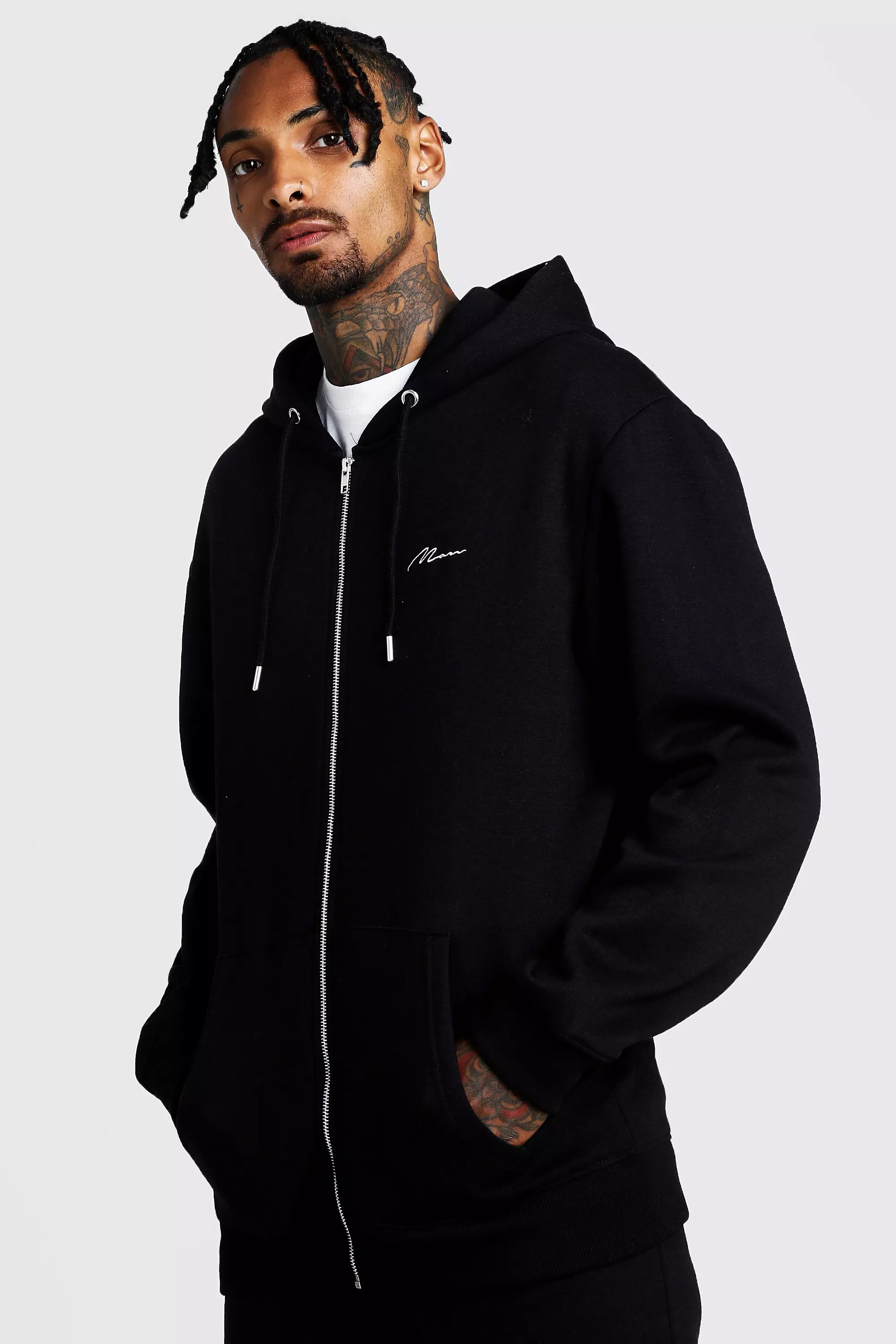 MAN Signature Longline Zip Thru OTH Fleece Hoodie boohooMAN UK