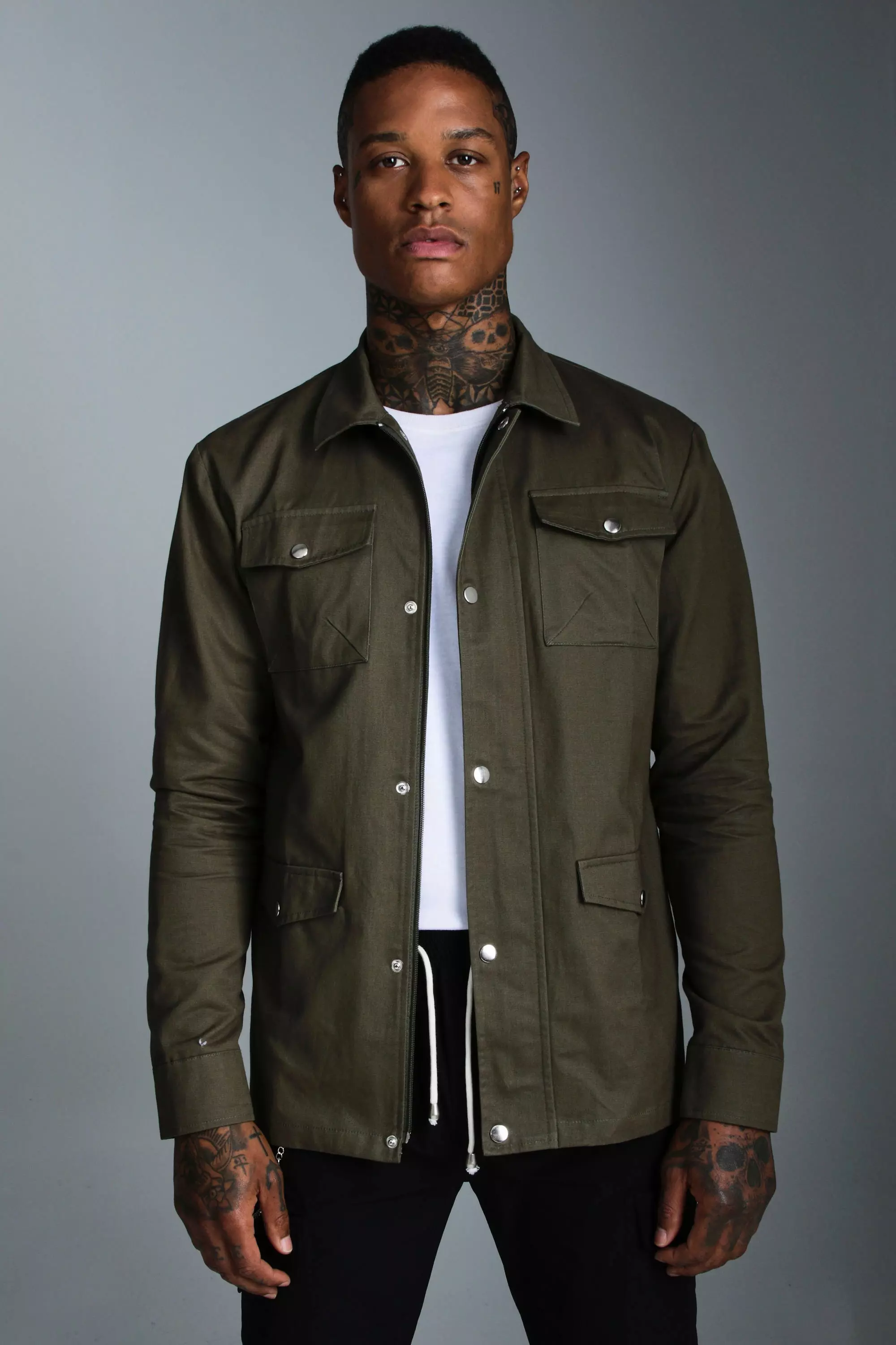 Khaki Multi Pocket Utility Shacket boohooMAN UK