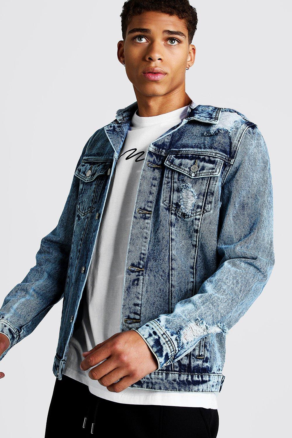 Distressed Denim Jacket With Removable Hood Boohooman