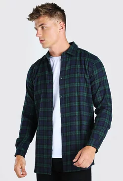 Long Sleeve Longline Flannel Shirt Green