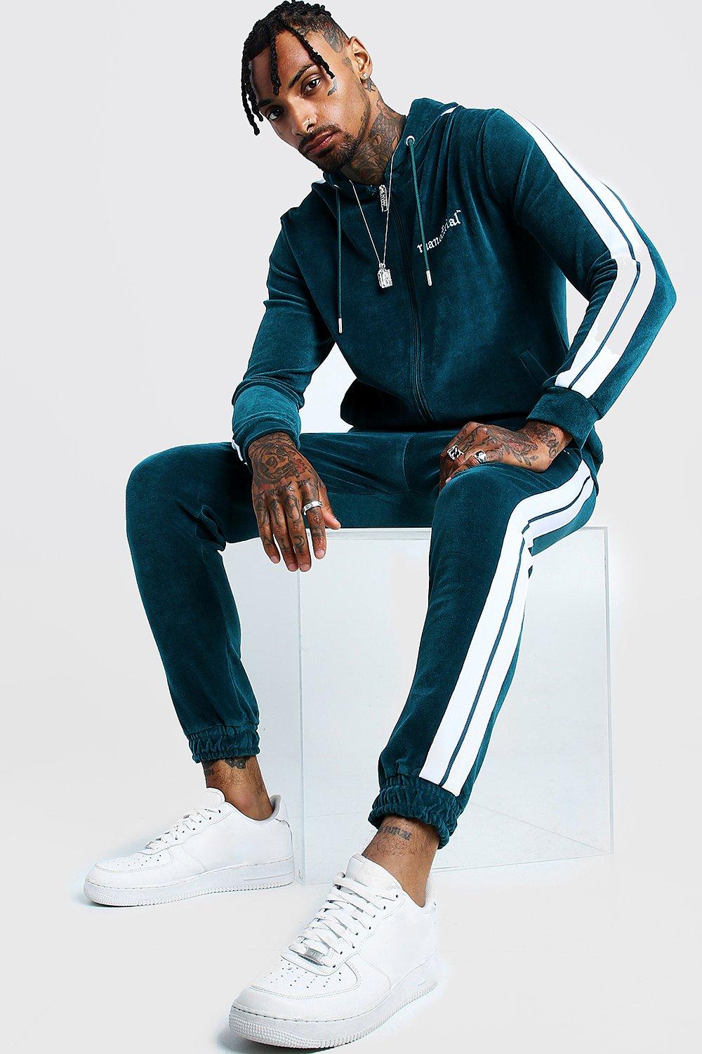 MAN Official Velour Tracksuit Side Tape | boohooMAN USA