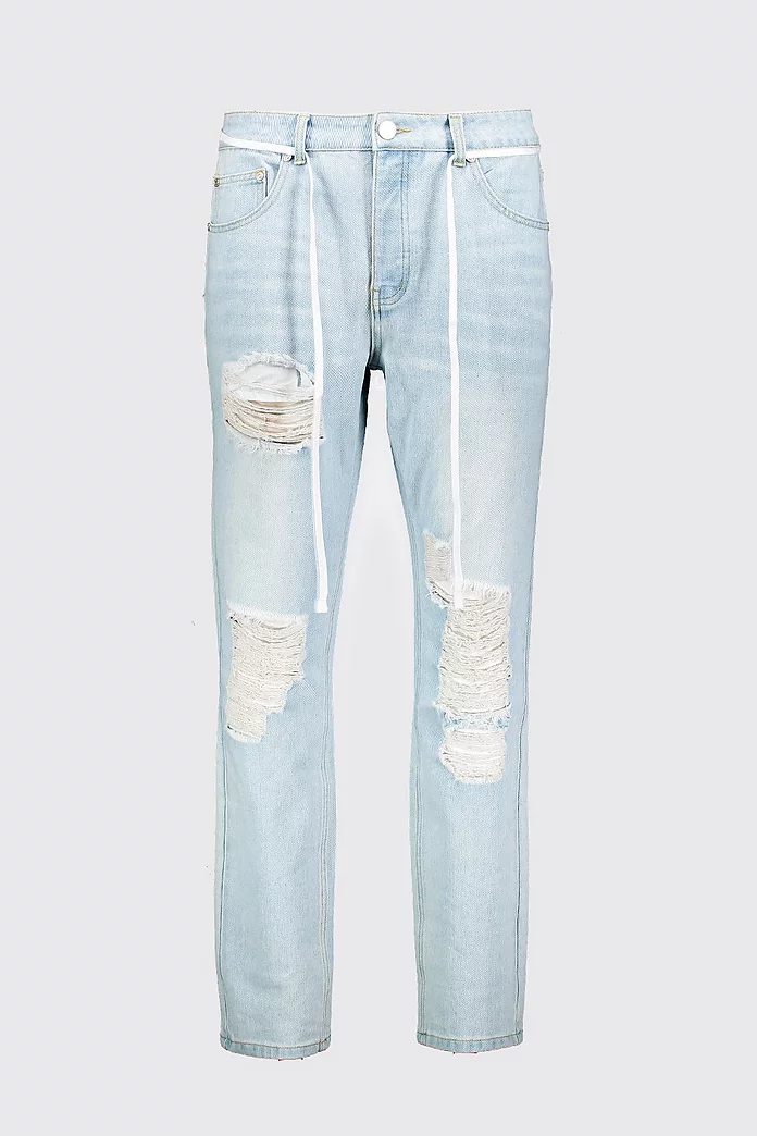 Slim Fit Distressed Jean With Shoelace Belt | boohooMAN USA Slim Fit Distressed Jean With Shoelace Belt | boohooMAN USA