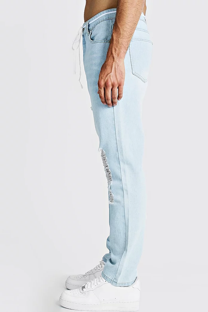 Slim Fit Distressed Jean With Shoelace Belt | boohooMAN USA Slim Fit Distressed Jean With Shoelace Belt | boohooMAN USA