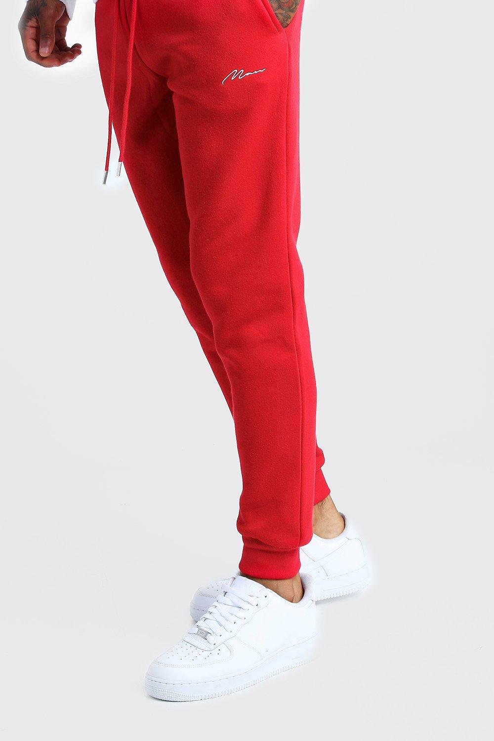 boohooman red joggers