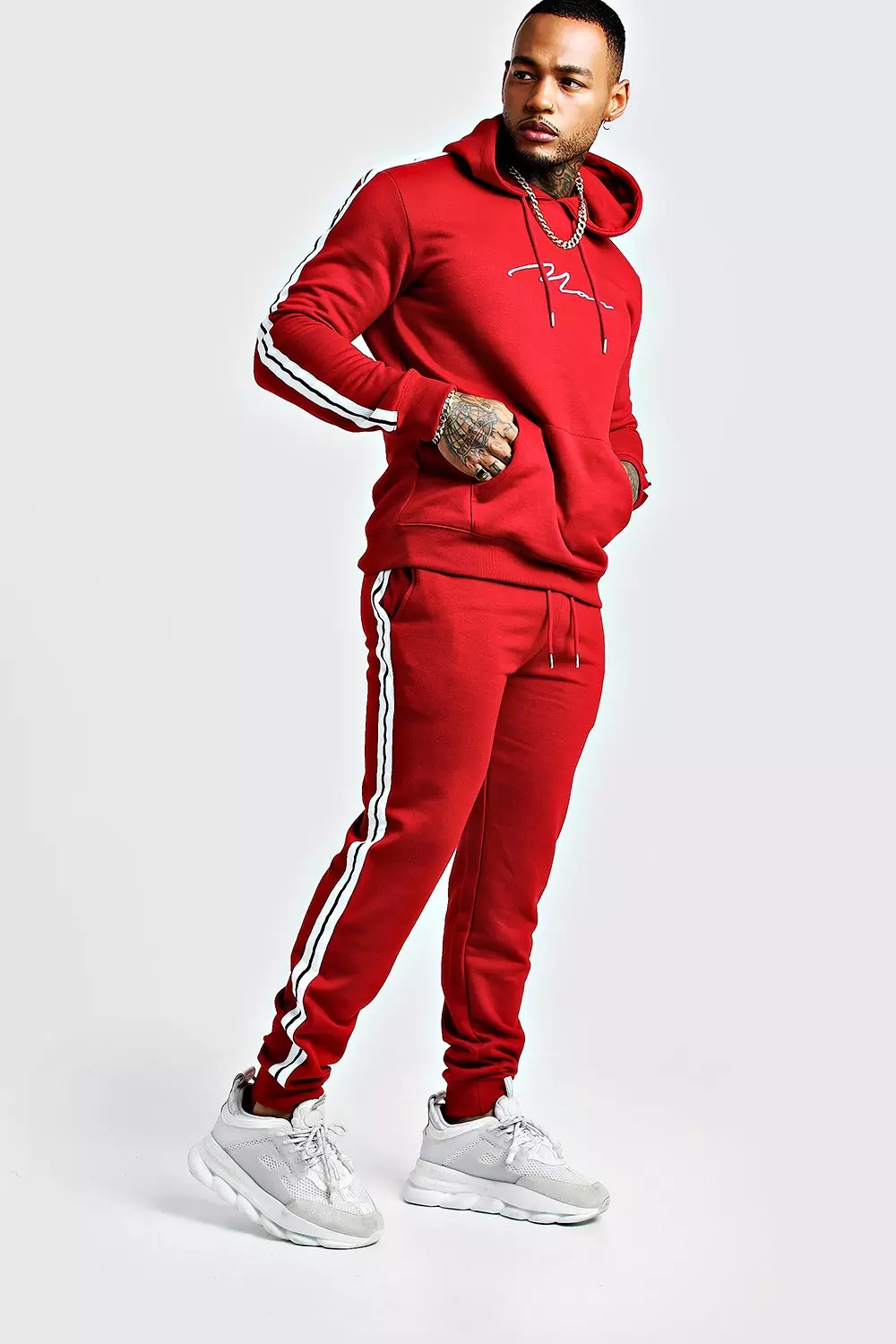 Boohooman red tracksuit online