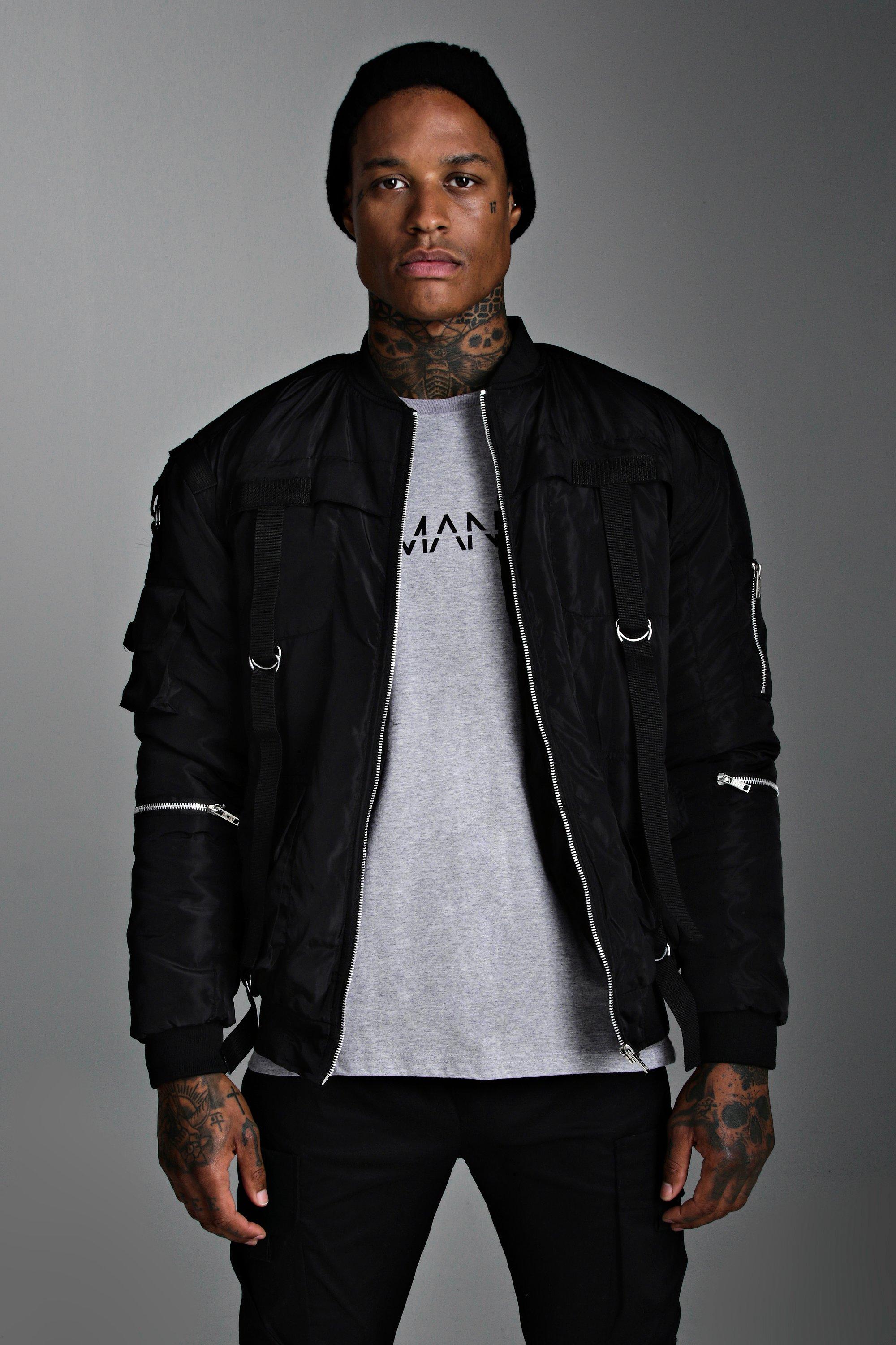 Padded Utility Bomber Jacket With Straps | boohooMAN USA