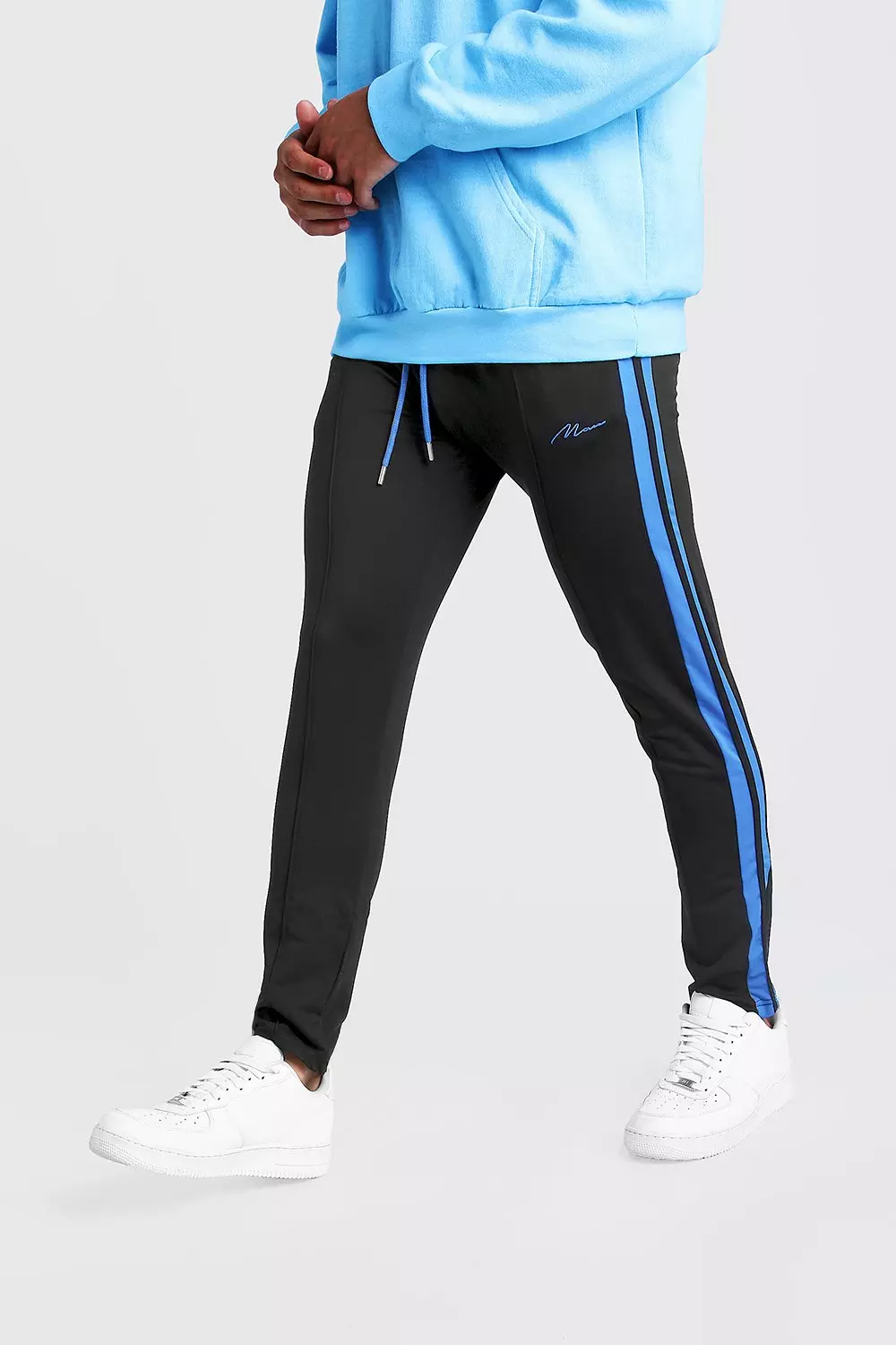 Slim Fit MAN Signature Joggers With Blue Stripes boohooMAN USA