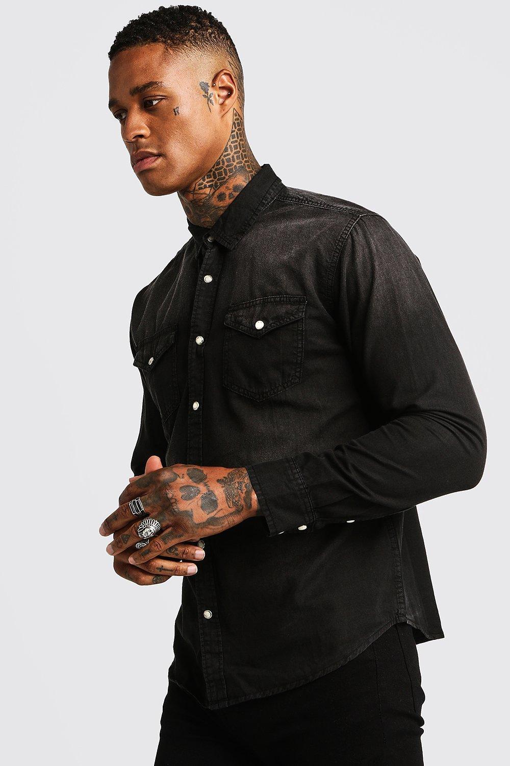 mens black denim shirts long sleeve