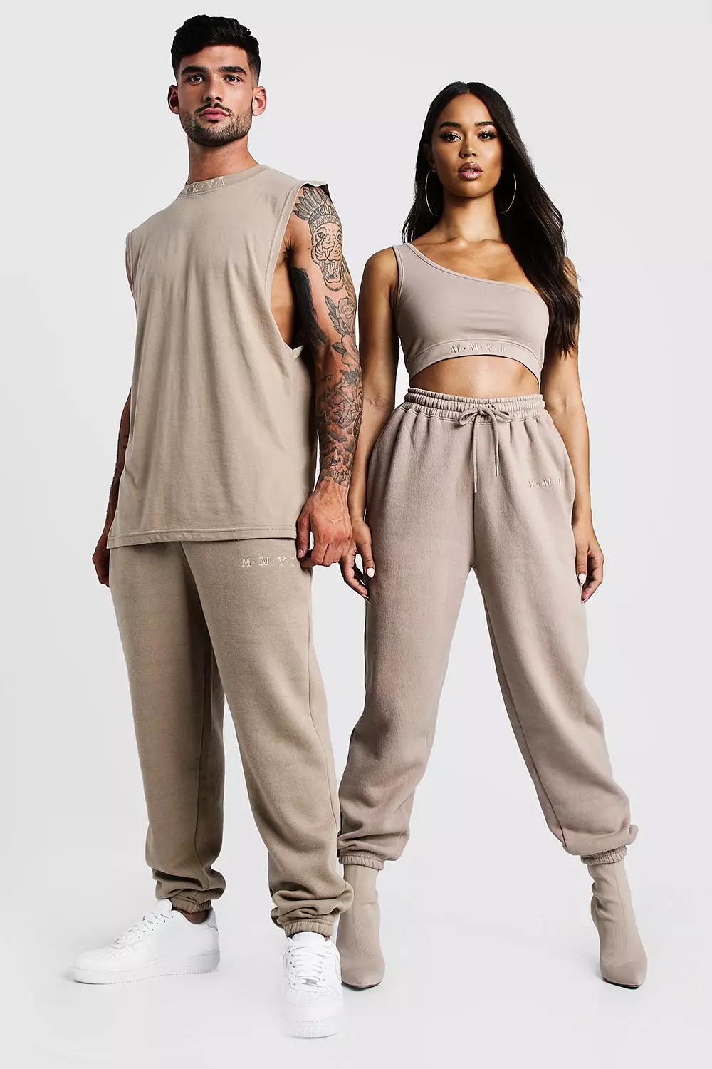 Hers One Shoulder Crop Top Jogger Set boohooMAN UK