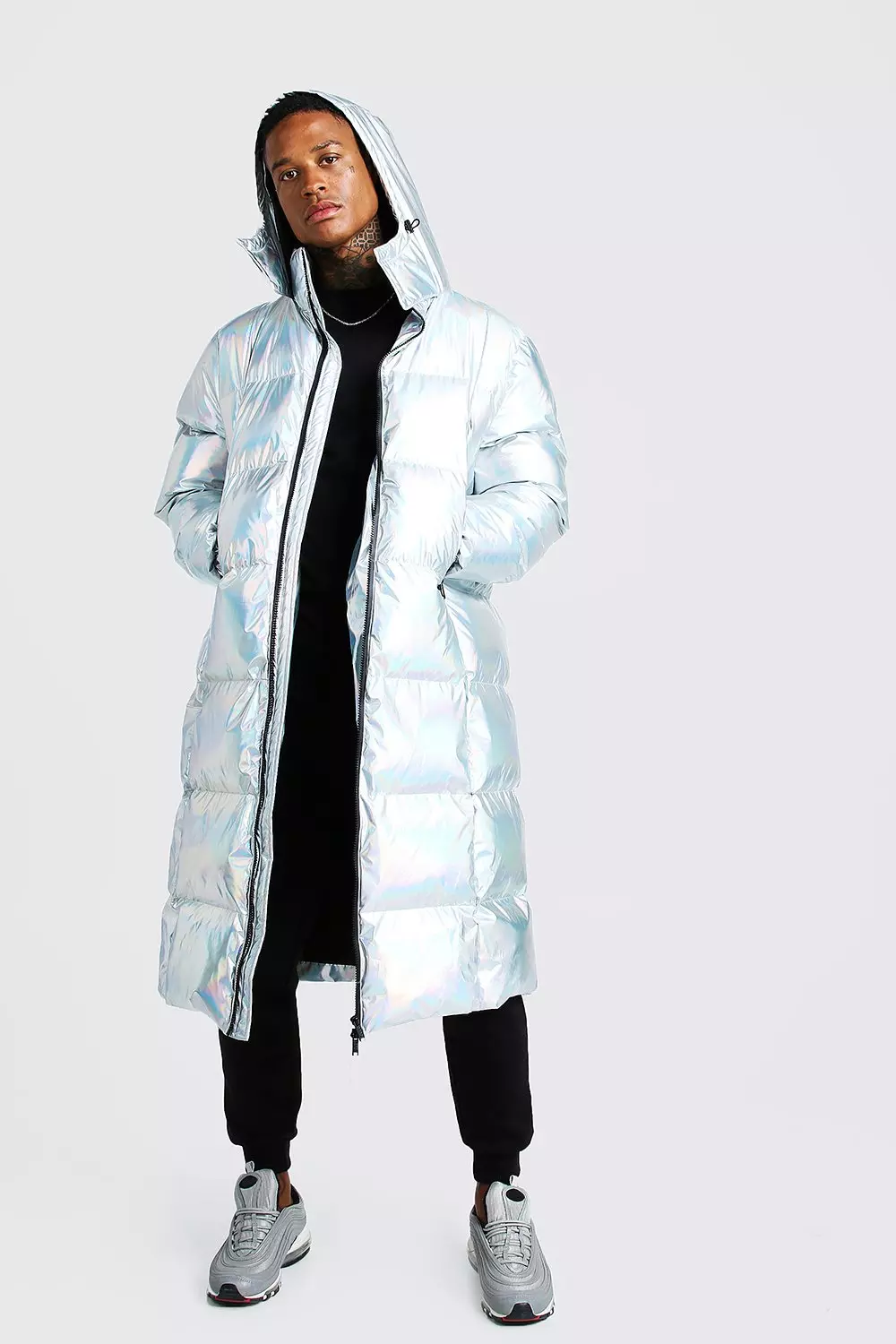 Holographic Longline Puffer Coat boohooMAN USA