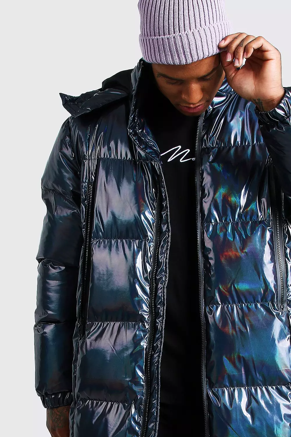 Holographic Longline Puffer Coat boohooMAN UK