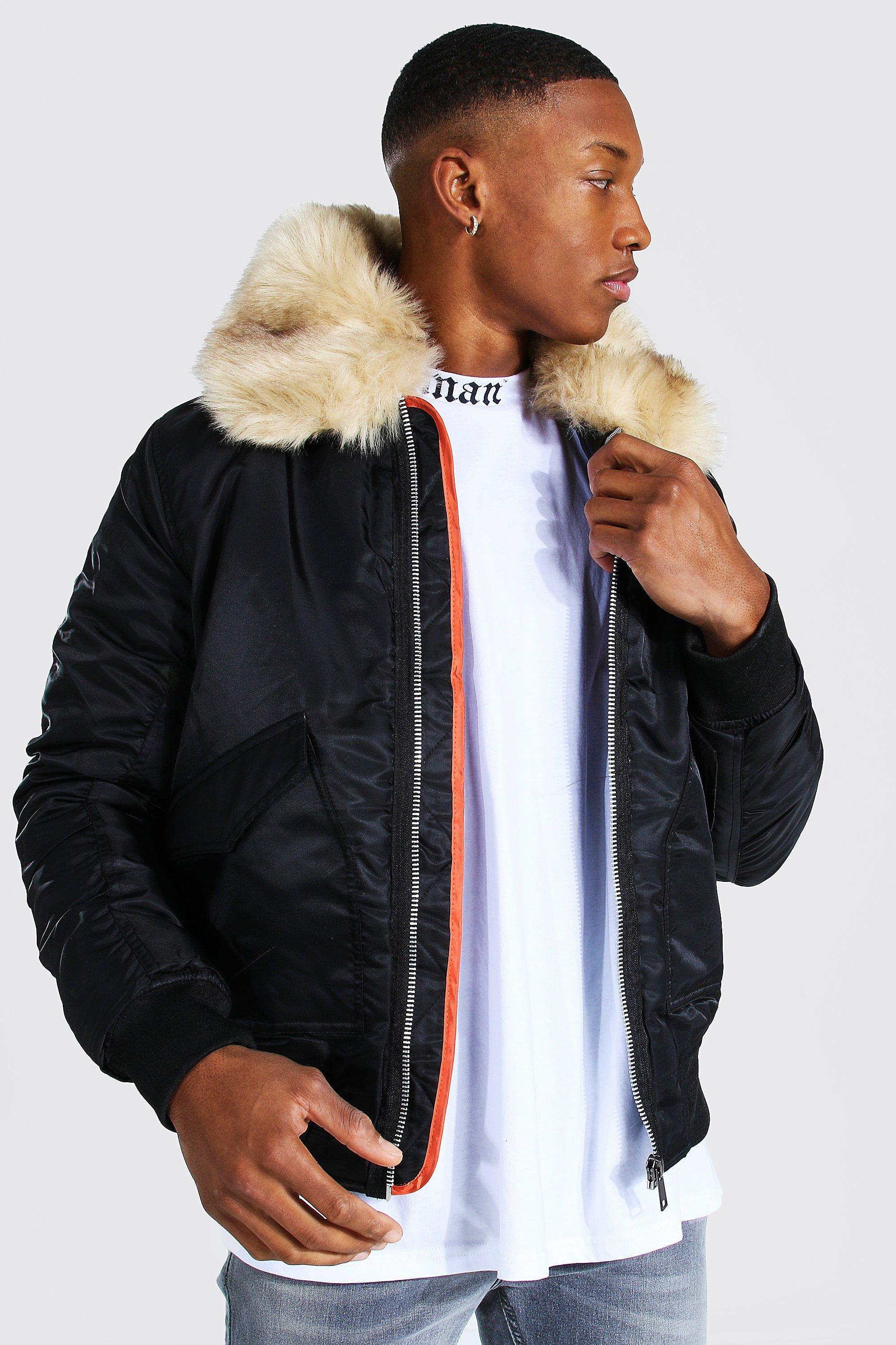 Mens bomber jacket 2025 with faux fur collar