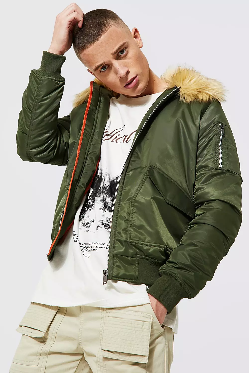 Padded bomber jacket with fur hood online