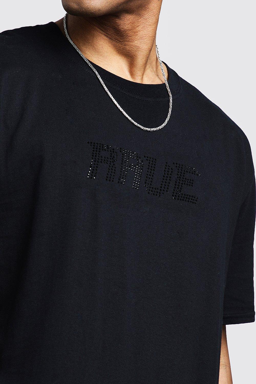 Oversized Rave Diamante Slogan Tee - boohooMAN