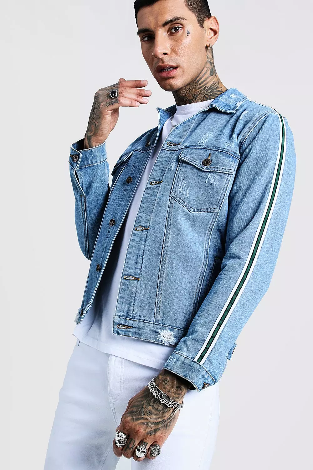 Tape Detail Distressed Denim Jacket alternative image